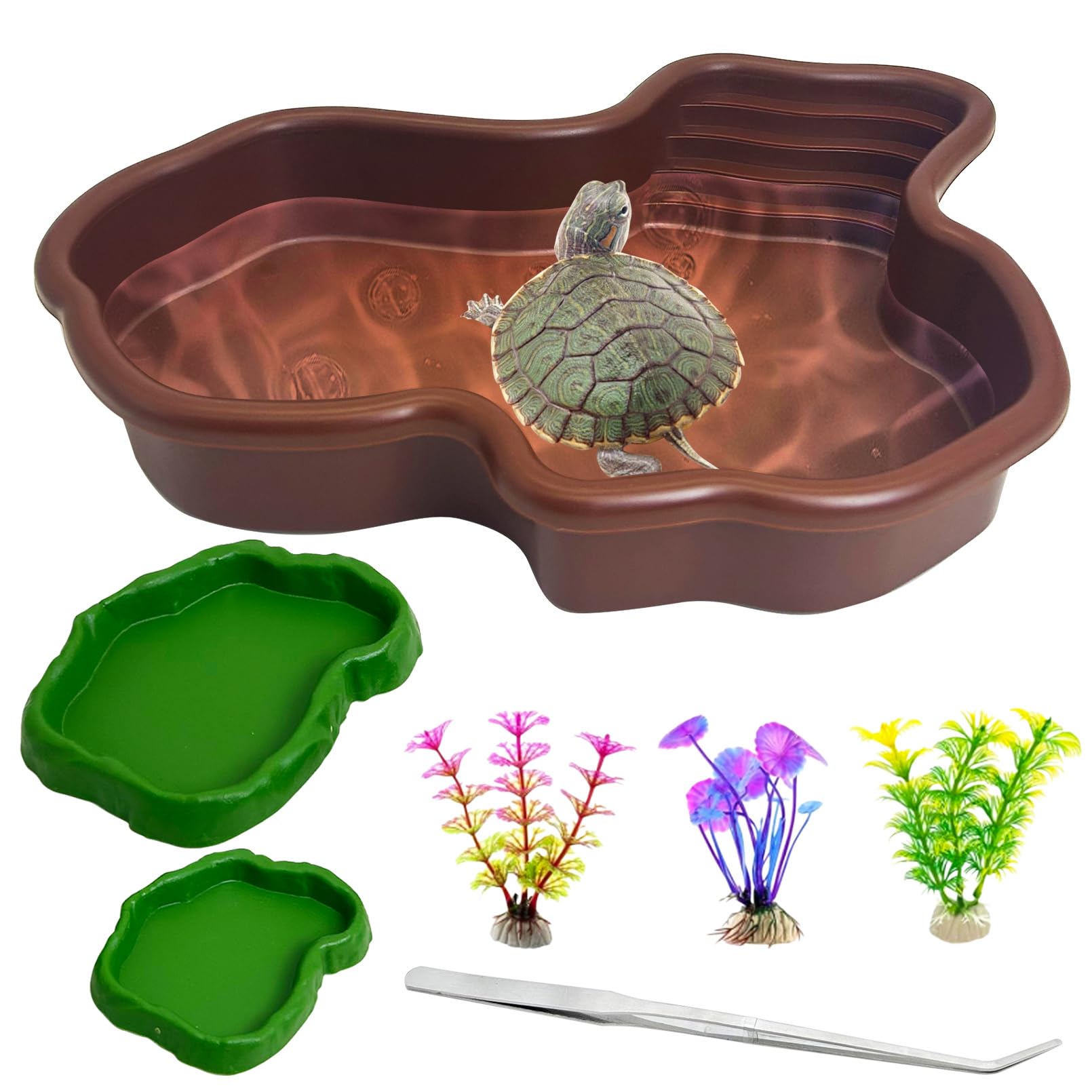 Apatal 7 Pcs Reptile Bathing Pool 2-in-1 Tortoise Water Dish with Ramp Large Turtle Feeding Bowl with Steps Plastic Reptile Food & Water Dishes Gecko