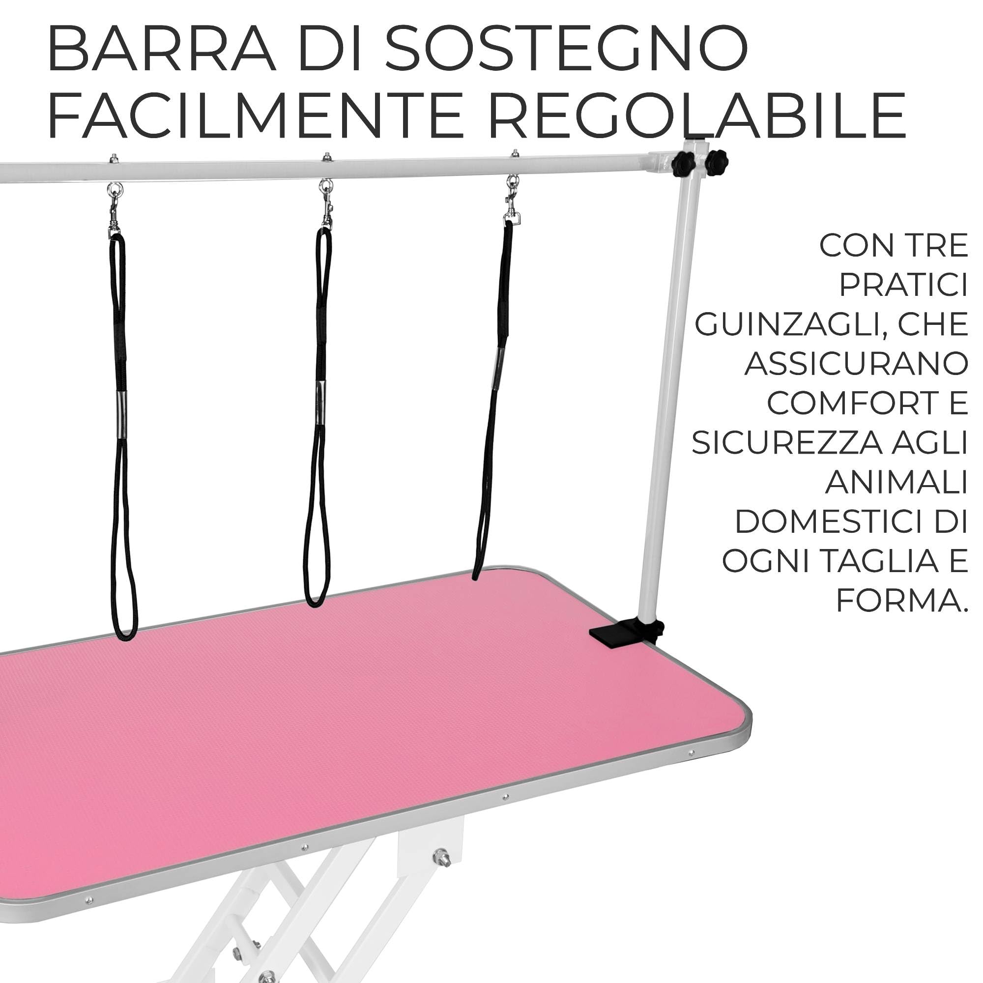 Tavolo Toelettatura Professionale Idraulico - Altezza Regolabile 55-101 cm Capacità 180 kg Piano in Gomma Rosa Antiscivolo Struttura in Acciaio Bianco 4 Piedini Livellanti 3 Guinzagli di Sicurezza