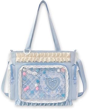 Large Ita Tote Bag Crossbody with Insert Kawaii Pin Purse, Blue | Lace Clear Window Pin Display Shoulder Bag, Cute Ita Purse Y2K Messenger Bag for Kpop Anime Comic-Con Lolita NO Pins