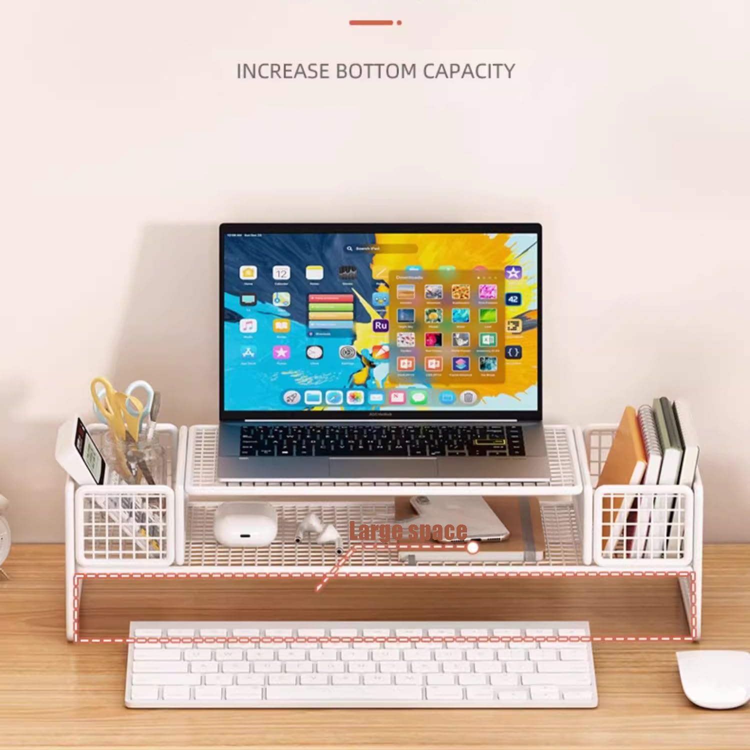 Supporto per Monitor in Rete Metallica con Spazio di archiviazione - Rialzo a 2 Livelli per PC/Laptop/Stampante - Organizzatore da scrivania e Supporto multimediale per casa e Ufficio - Migl