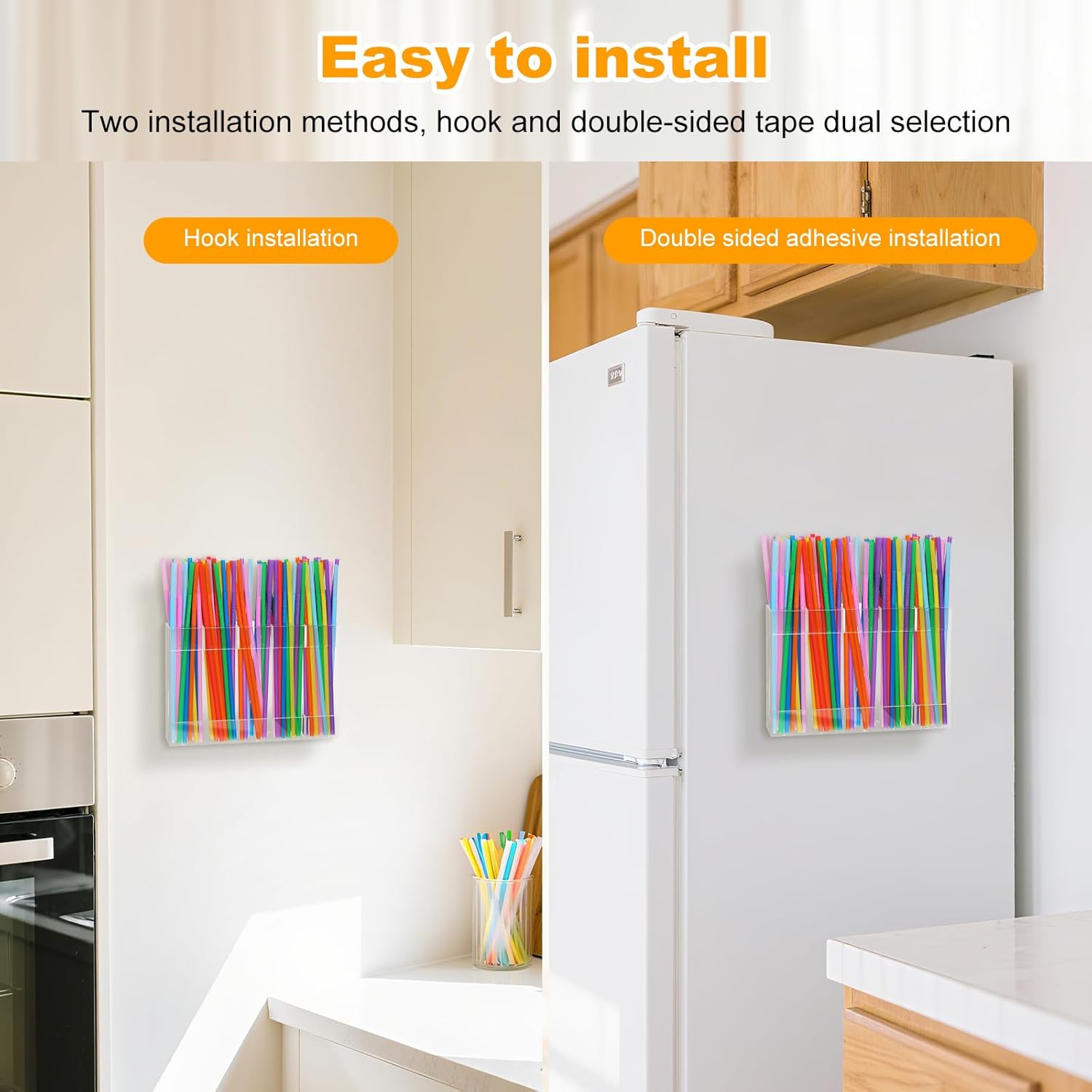 Straw Holder,Acrylic Straw Holder for Cabinet Door With Double Sided Tape and Hooks for Double Fixing,Transparent Acrylic Straw Dispenser ,Reusable Tumbler Straw Organizer Storage Container - Image 6