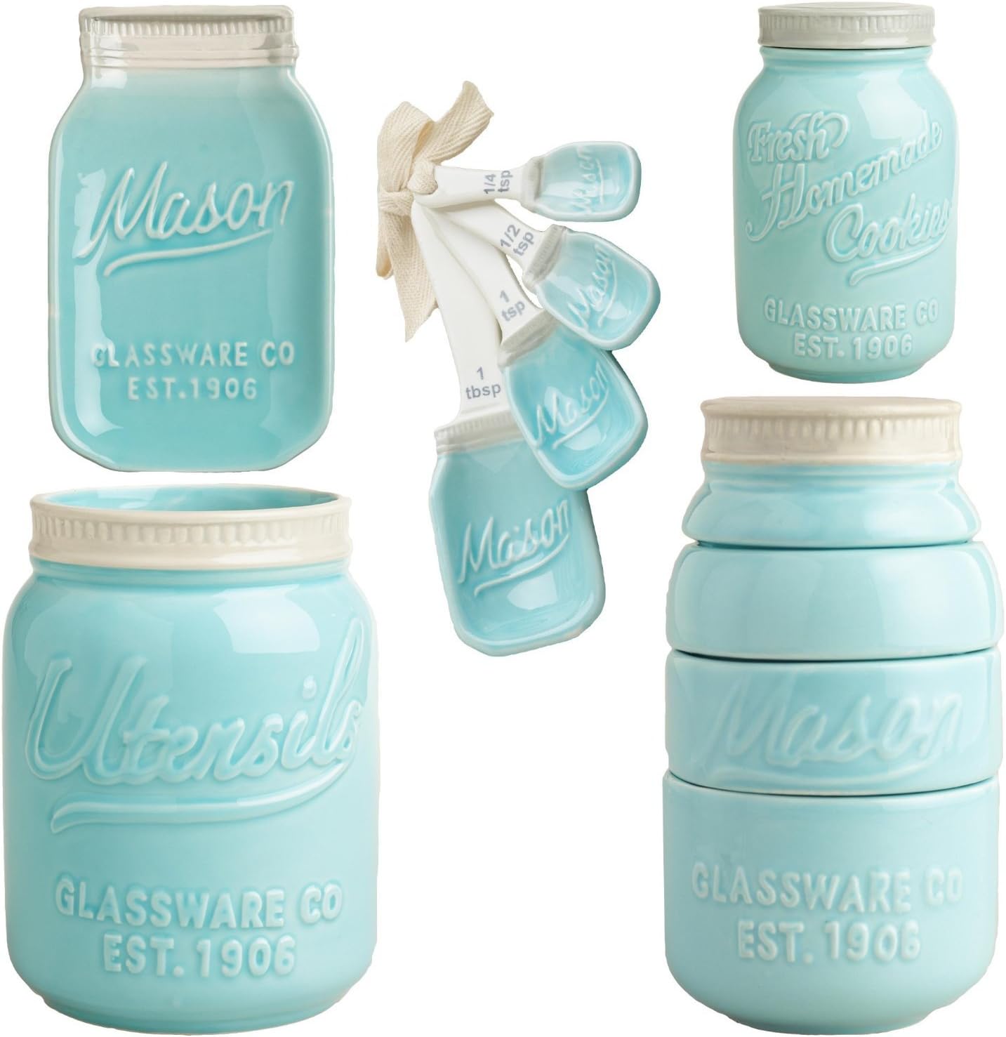 Blue Mason Jar Ceramic Kitchenware Complete Set: Measuring Cups and Spoons, Cookie Jar, Utensil Crock, Spoon Rest
