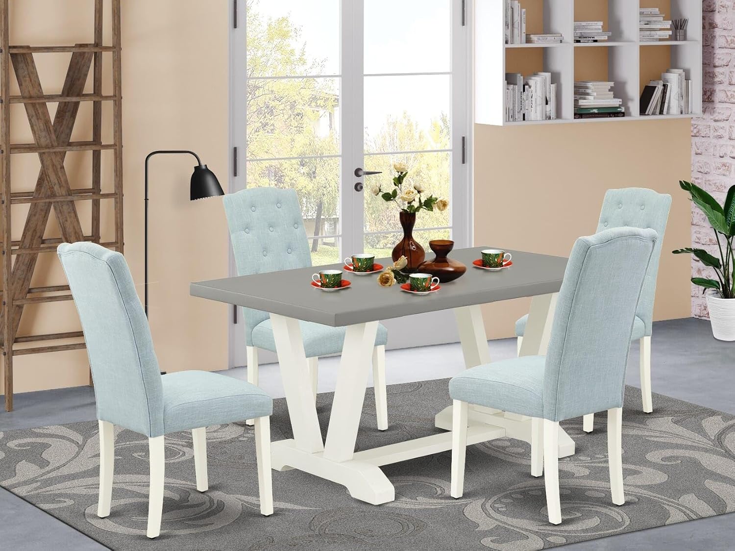 East West Furniture V096CE215-5 5 Piece Dining Set Includes a Rectangle Dining Room Table with V-Legs and 4 Baby Blue Linen Fabric Upholstered Parson Chairs, 36x60 Inch, Multi-Color