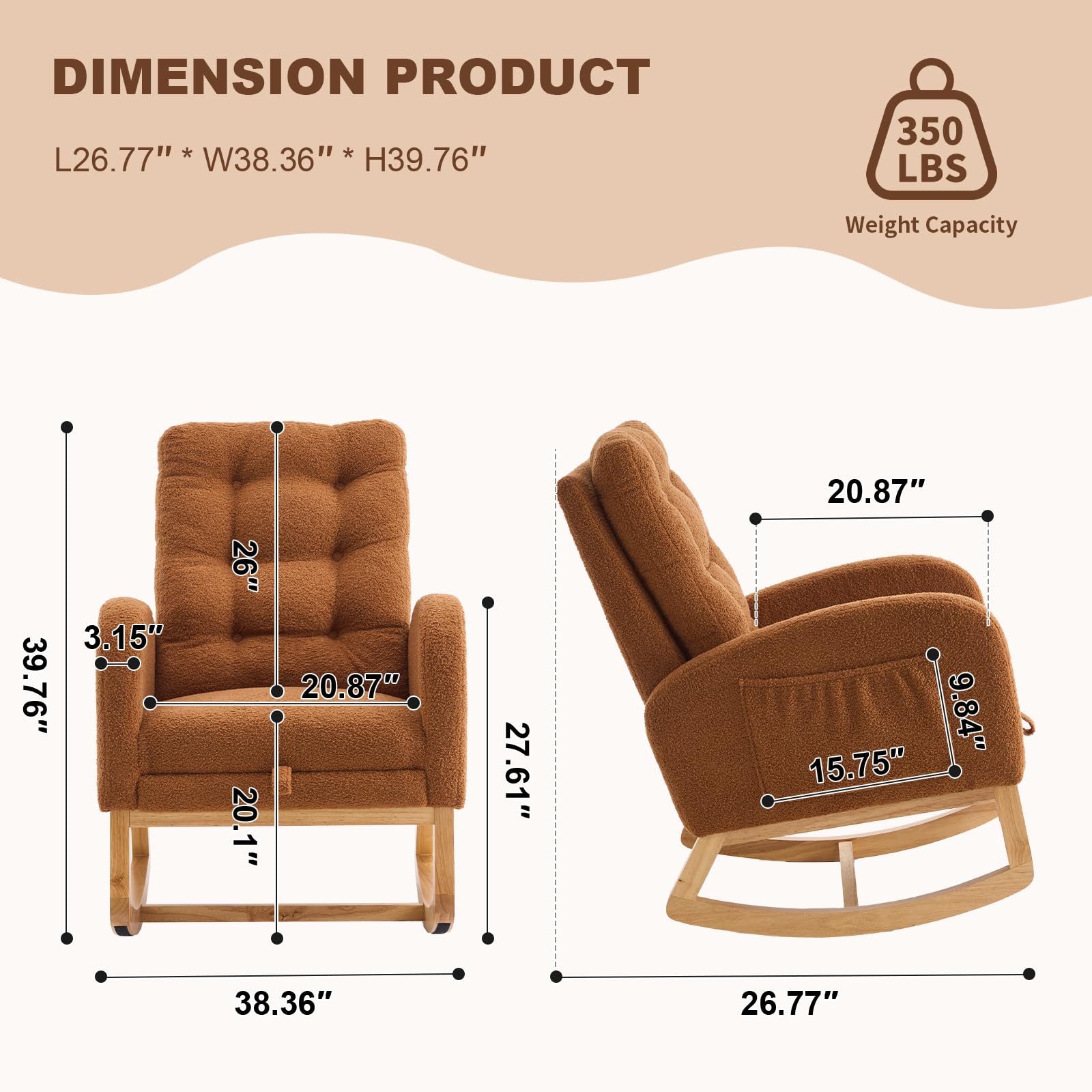 Quorflax Nursery Rocking Chair,Rubber Wood Base Glider Rocking Chair with Adjustable Footrest and Side Pocket,Teddy Fleece Glider Rocker for Living Room, Bedroom (Caramel)