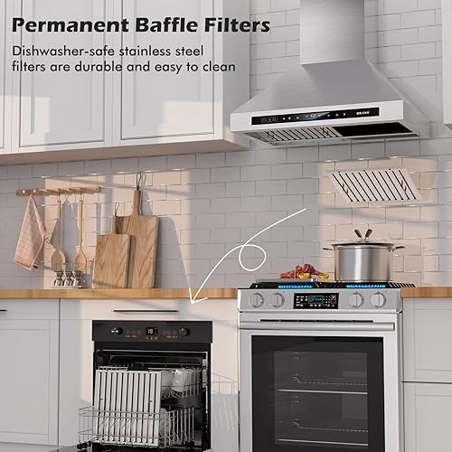 Miniatura 7 de BRANO Campana extractora de montaje en pared de 36 pulgadas, 900 CFM con control de voz, gestos, táctil, ventilación de campana de cocina de acero