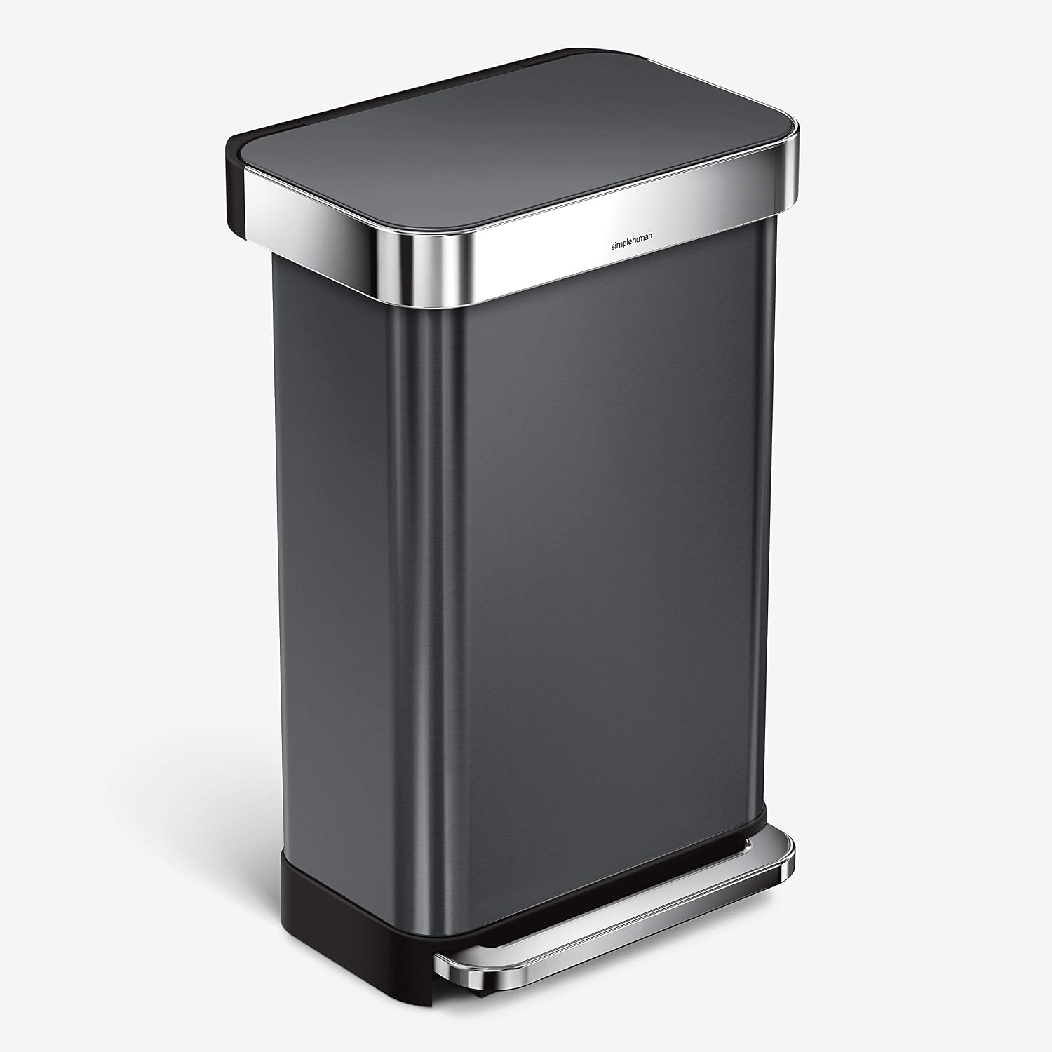 simplehuman 45 Liter Rectangular Hands-Free Kitchen Step Soft-Close Lid, Black Stainless Steel Trash Can