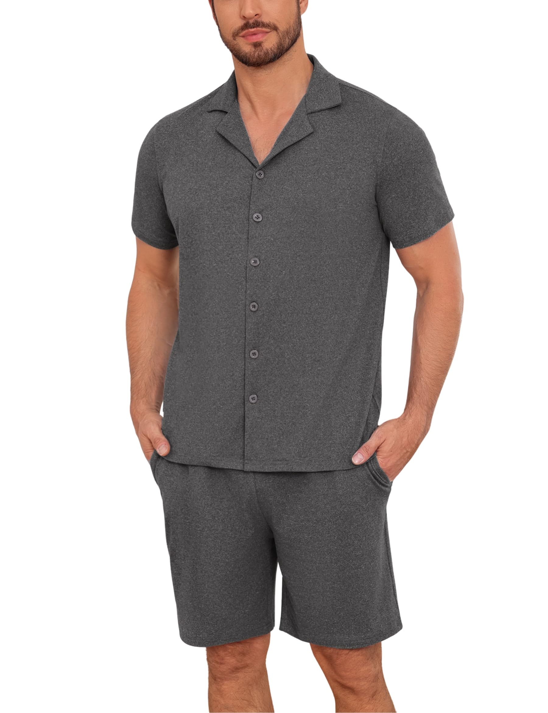 Marvmys Herren Schlafanzug Kurz Sommer Baumwolle Kurzarm Pyjama Herren Zweiteiler mit Reverskragen Knopfleiste Elastischem Bund und Taschen
