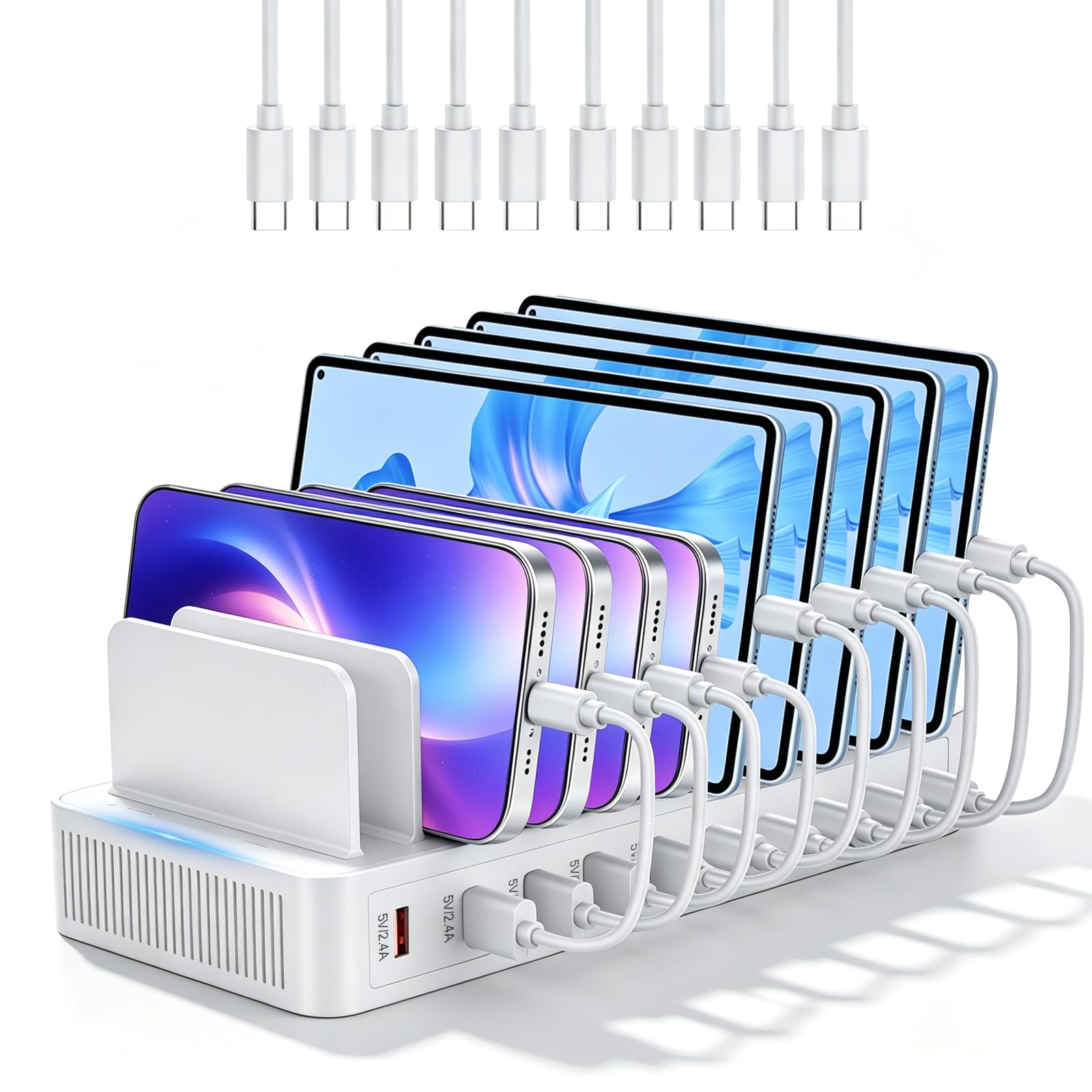 100W USB Ladestation Mehrfach, 10-Port USB C Ladegerät Mehrere Geräte mit verstellbaren Trennwänden Schnellladestation für iPhone, iPads, Tablets und andere Geräte (mit 10 Ladekabeln) Weiß