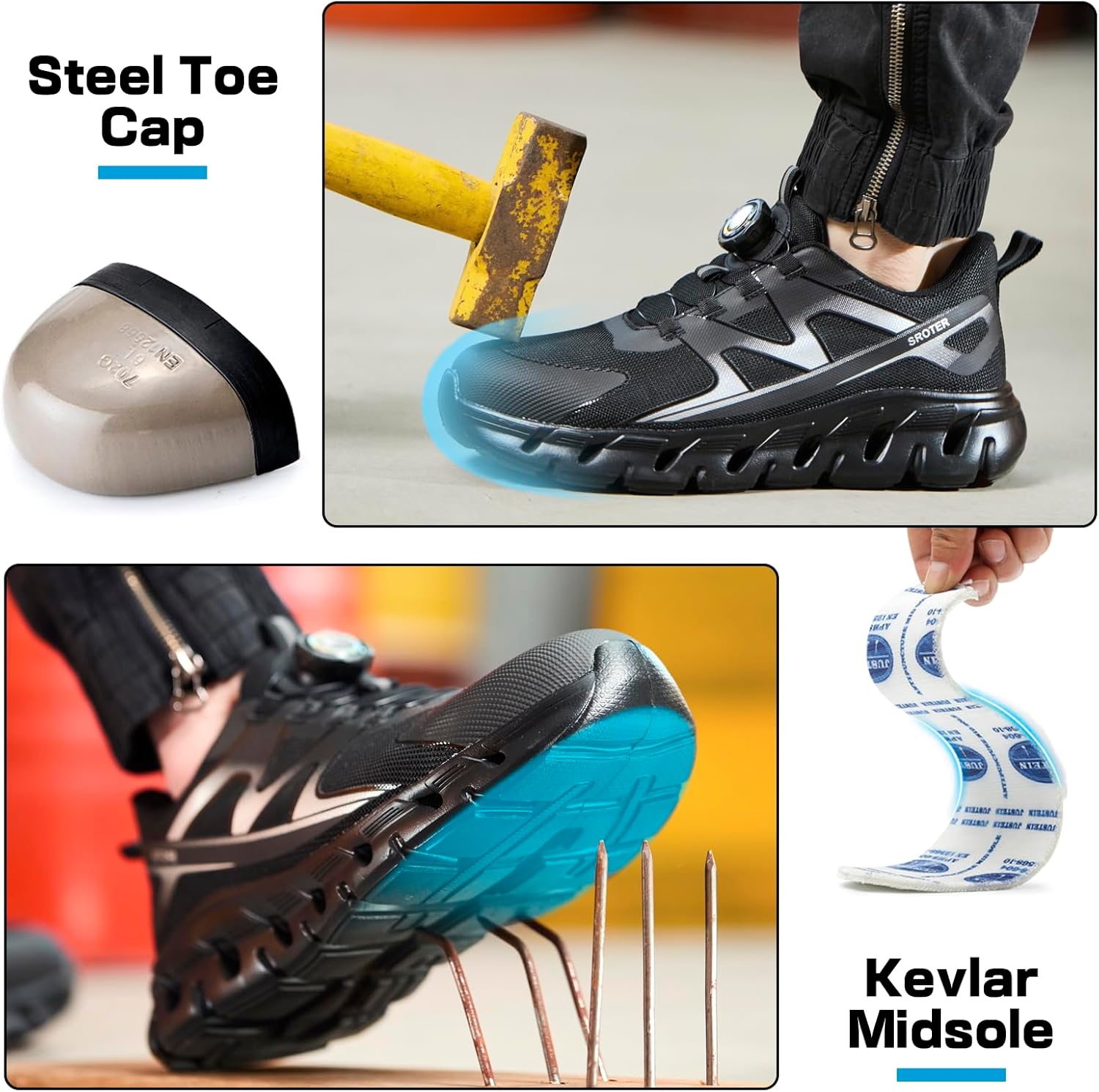 AEKYIWL Veiligheidsschoenen voor dames en heren, werkschoenen, licht, sportief, ademend, veters zonder strikken, draaisluiting, stalen neus, antislip, zwart, 40 EU