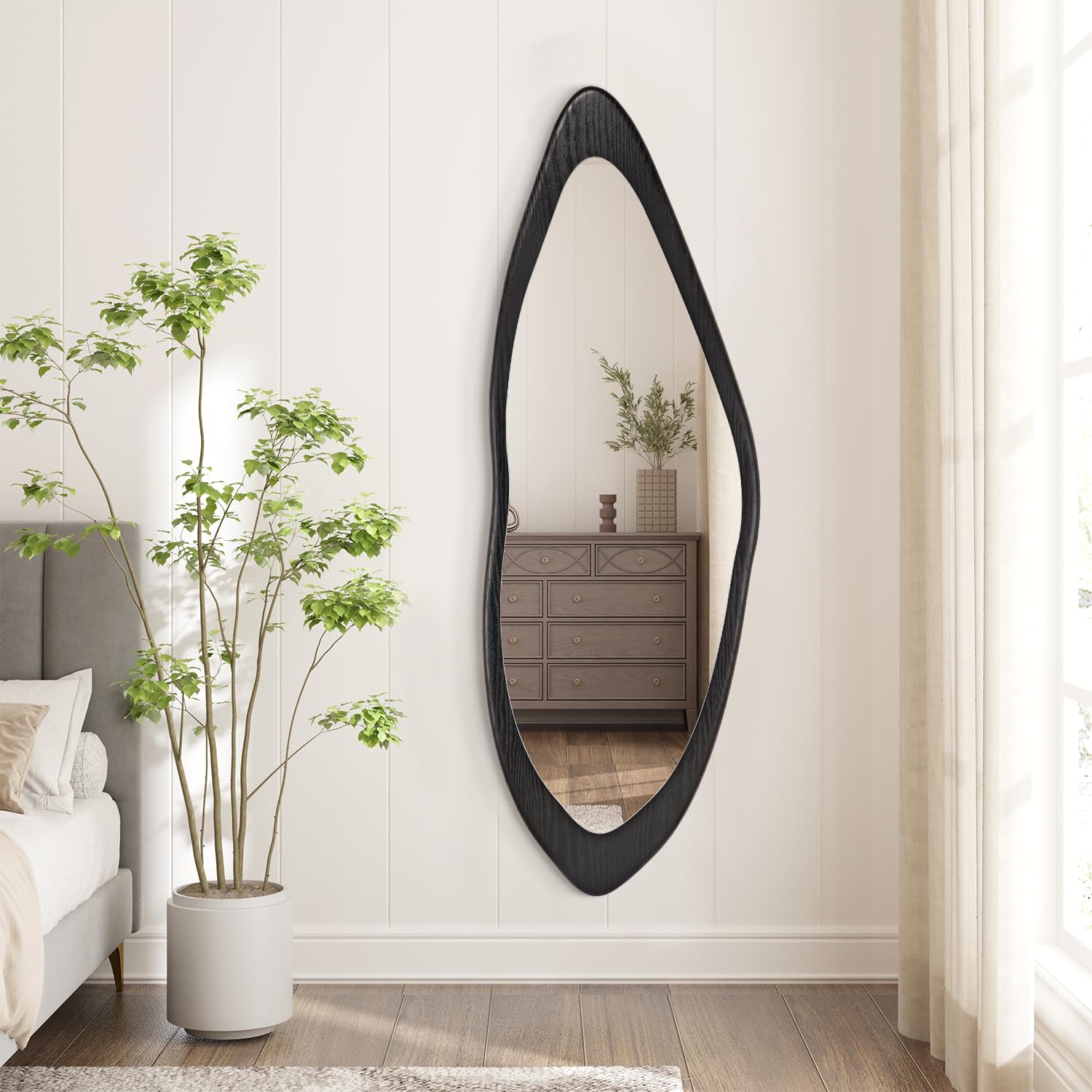 AAZZKANG Specchio da Parete Irregolare a Figura Intera Grande con Cornice in Legno 120x40cm Nero Asimmetrico a Figura Intera per Camera da Letto Soggiorno Ingresso