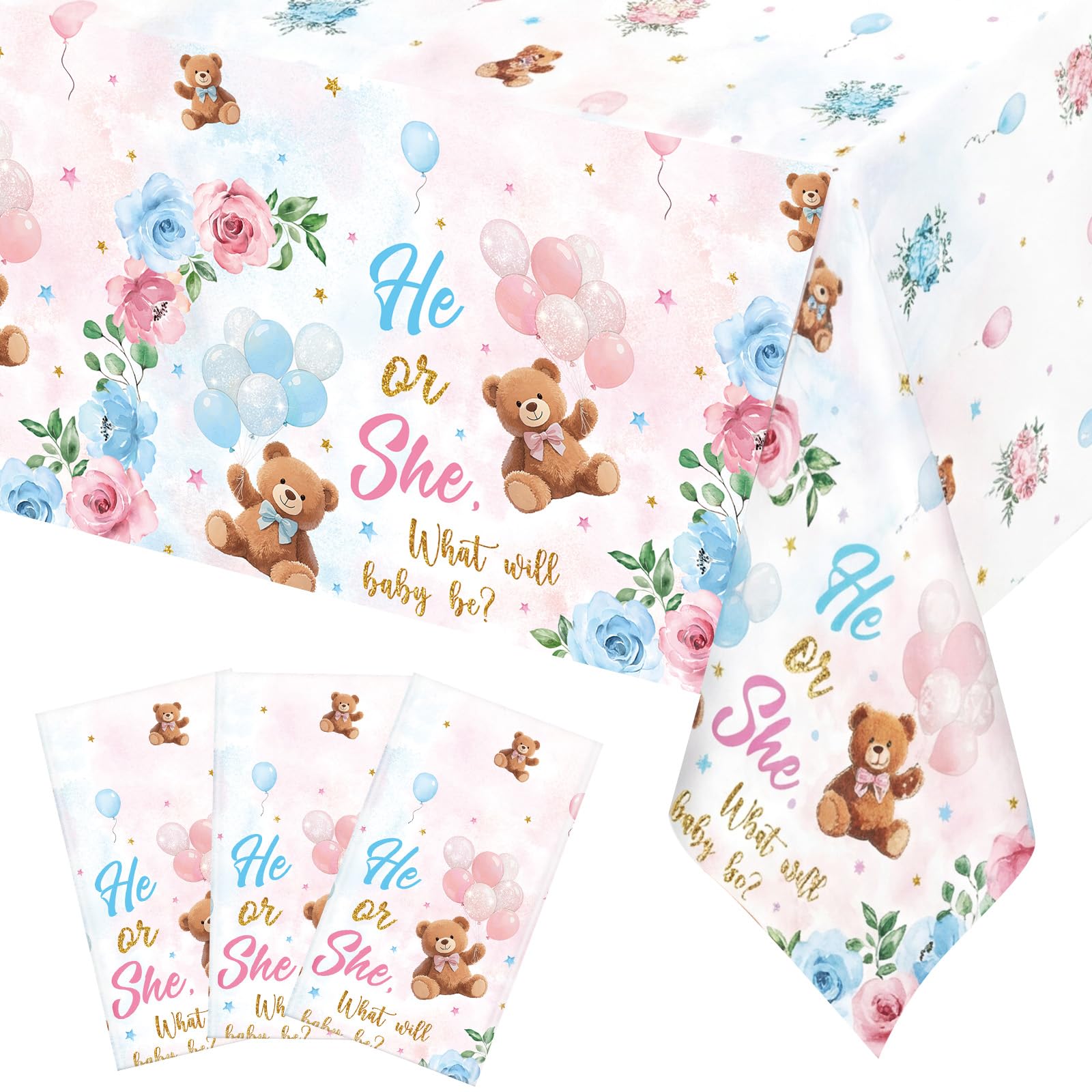 Ganeen 3 Pcs Bear Gender Reveal Tablecloths Disposable Plastic He or She Gender Reveal Bear Decorations Blue Pink Baby Shower Rectangle Table Cover Waterproof for Baby Shower Party, 54 x 108 Inch