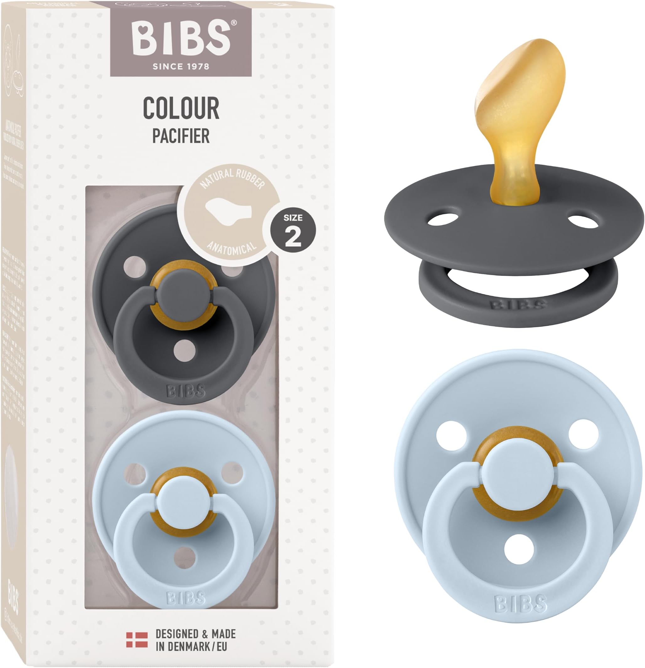 Pacifiers 6-18 Months | 2-Pack Soothers | Anatomical Nipple | BPA-Free Natural Rubber | Made in Denmark | Iron/Baby Blue Colour Pacifier