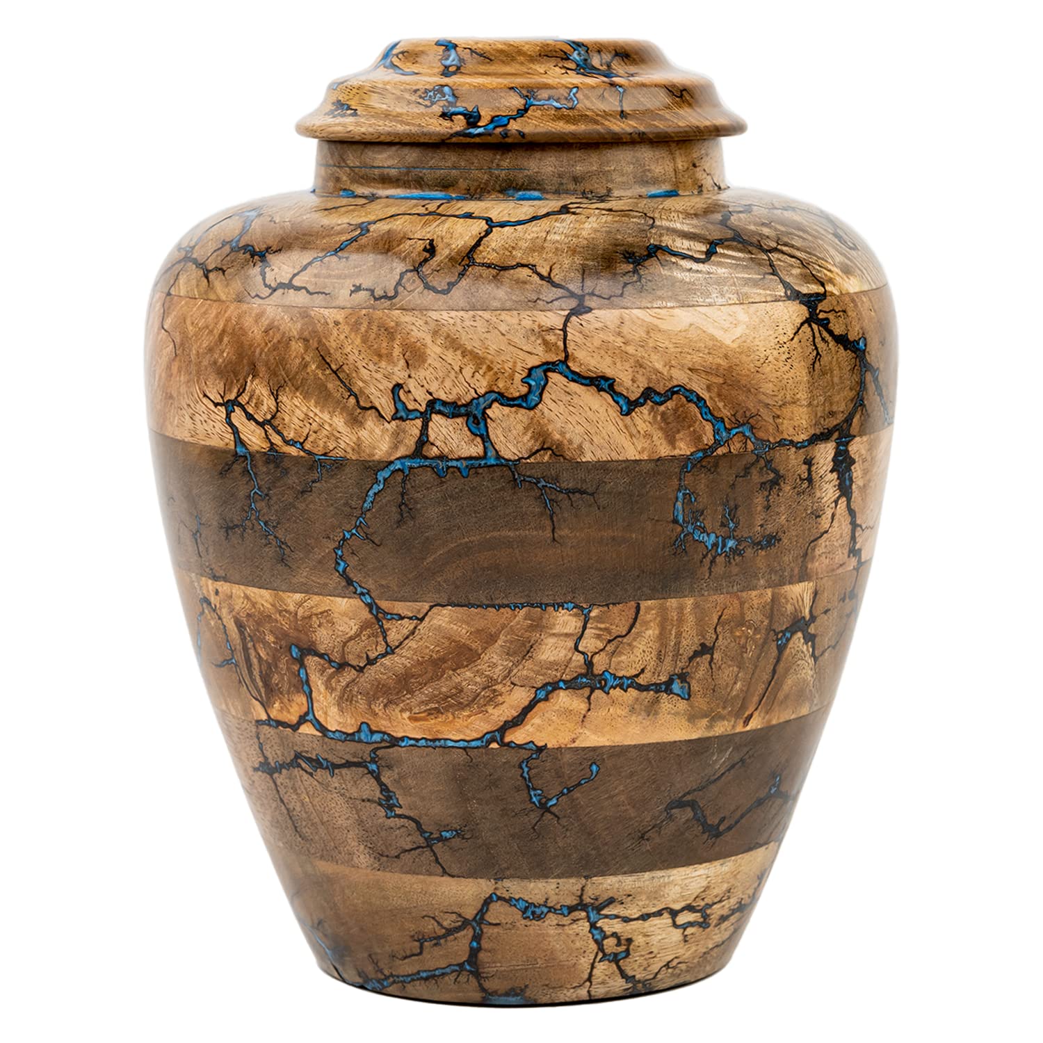 STONLIF Wooden Urns for Human Ashes | Adult - Male, Female | Cremation Memorial Ash Urn | Natural Mango Wood Keepsake Urn | Blue Resin - 10 Inches, 1 Pc