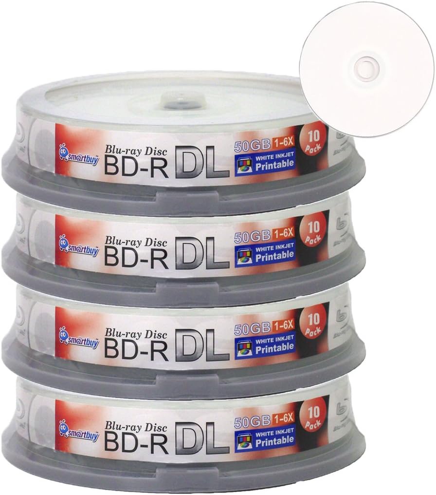 Smartbuy 40-disc 50gb 6X Blu-ray Bd-r Dl Dual Layer Double Layer White Inkjet Hub Printable Blank Data Video Recordable Media Disc with Cakebox/Spindle Packing