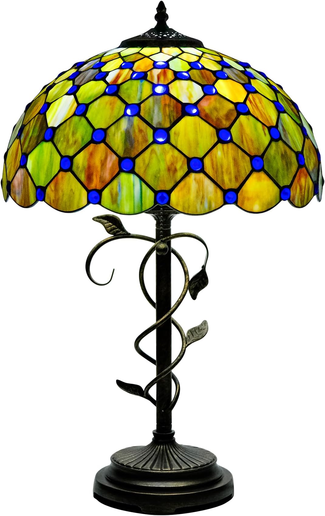 Tiffany Style Table Lamp, Stained Gradient Mable Green Glass Desk Lamp with Floral Metal Base, 23.5" Tall Vintage Accent Reading Light for Bedroom, Living Room