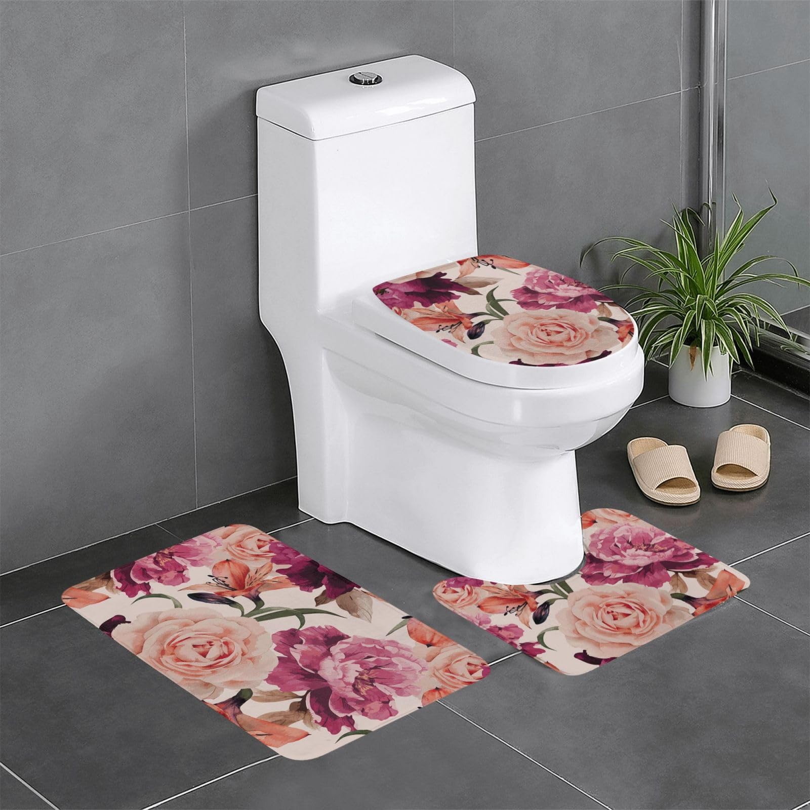 Tapis de sol pour cuisine et salle de bain Flowerand Rose en flanelle douce x3