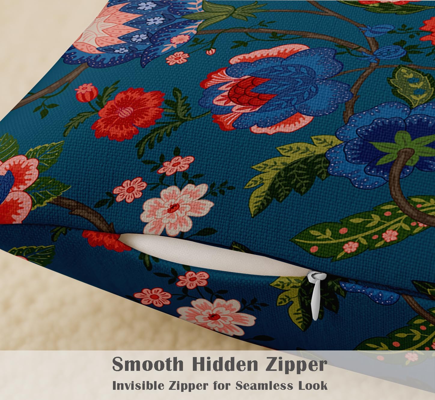 16x16, Cotton Cushion Covers Set of 4 Printed Throw Pillow Covers with Hidden Zip, Double Sided Design - Blue, Floral Design