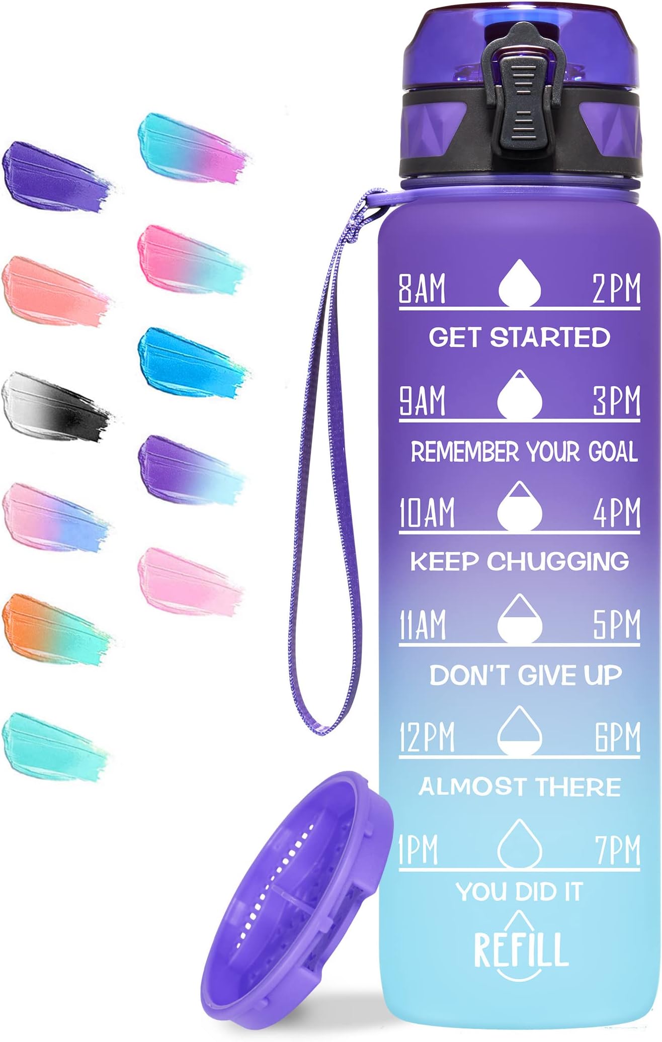 Elvira 32oz Motivational Fitness Sports Water Bottle with Time Marker & Removable Strainer,Fast Flow,Flip Top Leakproof Durable BPA Free Non-Toxic-Grape/Green Gradient
