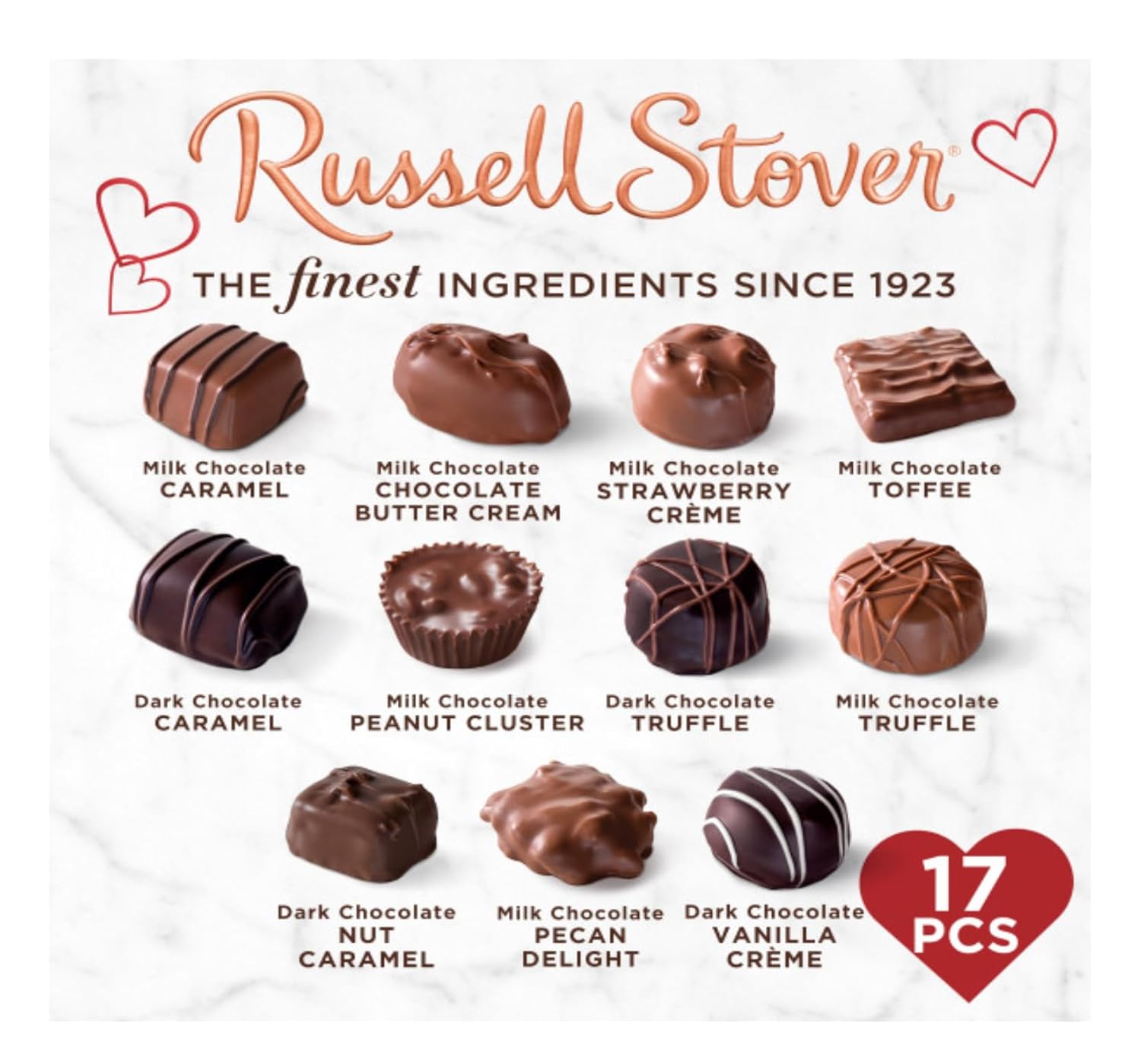 Russell Stover Valentine's Day Red Foil Heart - Pack of 2 - Assorted Milk and Dark Chocolate - 17 Pieces Per Box - Great For Sharing with Friends and Family