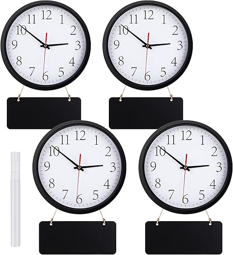 4 Pcs Silent Wall Clocks 10 Inch with Chalkboards and Marker, Battery Operated Round Multi Time Zone Clocks for Home, Kitchen, School, Office, Reception Areas, Classroom Decor(Black)