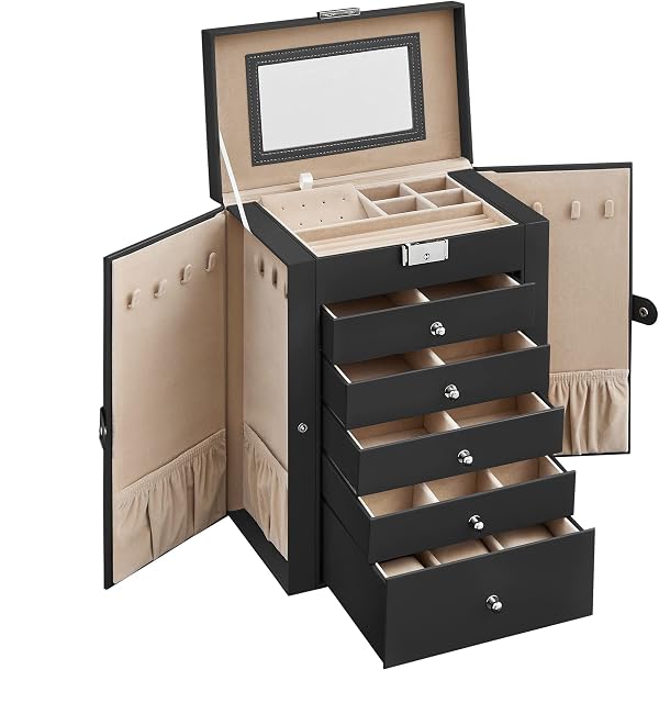 SONGMICS Jewellery Box 6 Tiers, Jewellery Case with 5 Drawers, Large Storage Capacity, with Mirror, Lockable, Jewellery Storage Organiser, Gift for Loved Ones, for Watches, Black JBC152B01
