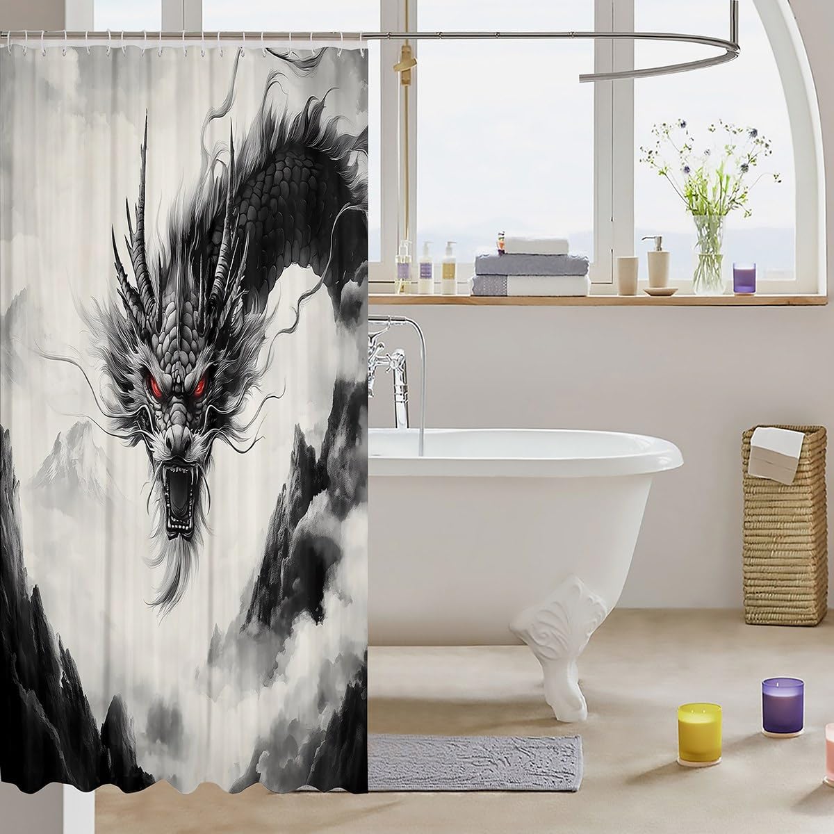 jejeloiu Dragon Shower Curtain 72"x78" Japanese Style Bath Curtain for Boys Girls Teens Retro Oriental Dragon Bathroom Shower Curtain Set Waterproof Mount Fuji Kids Bathroom Accessories