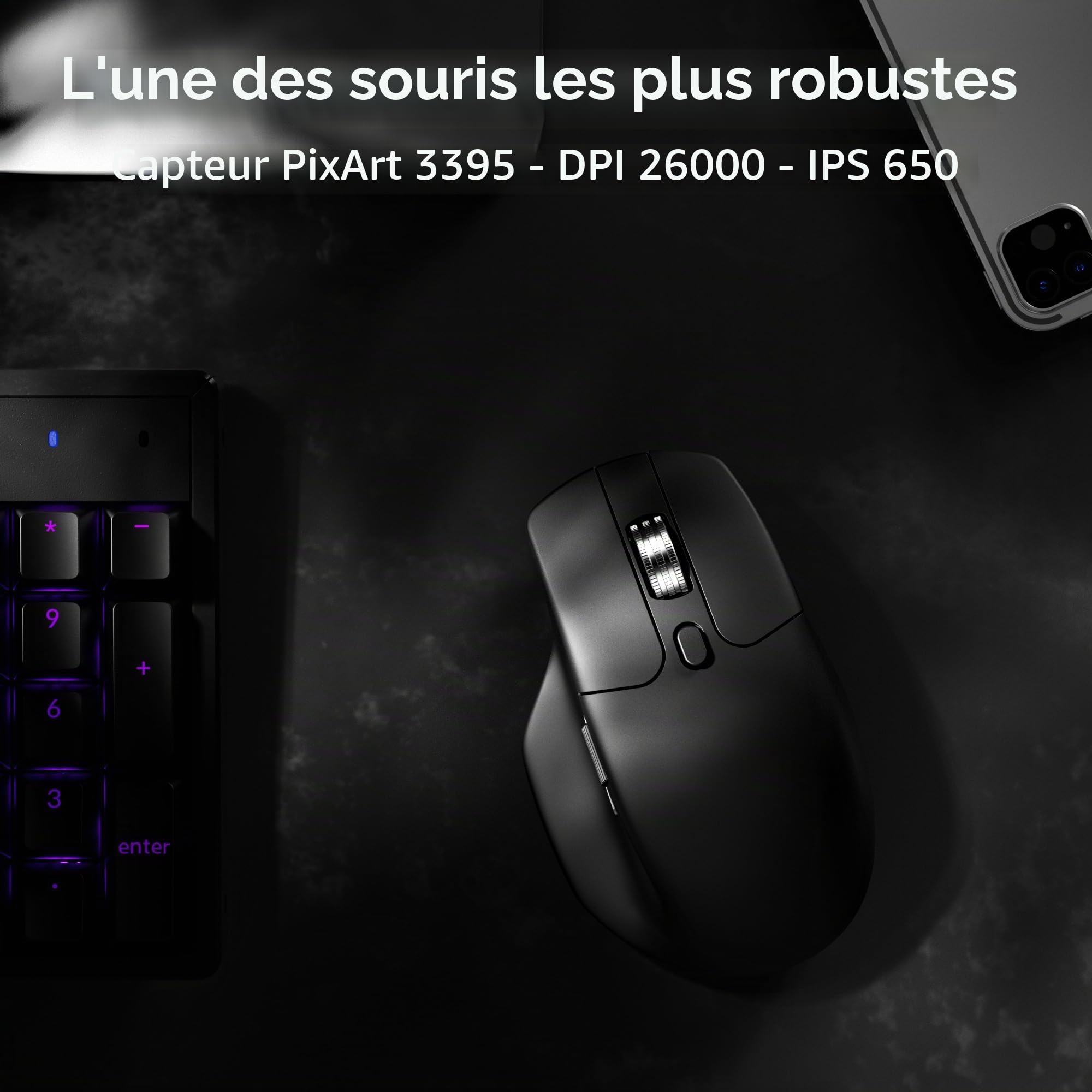 Keychron Souris Gaming M6 Silencieuse Sans Fil, 1000Hz Polling, Bluetooth 5.1/2.4GHz/Filaire, PixArt 3395 Capteur Optique Jusqu'à 26000 DPI, Légère 78g, Programmable, pour Windows/Mac/Linux - Noir