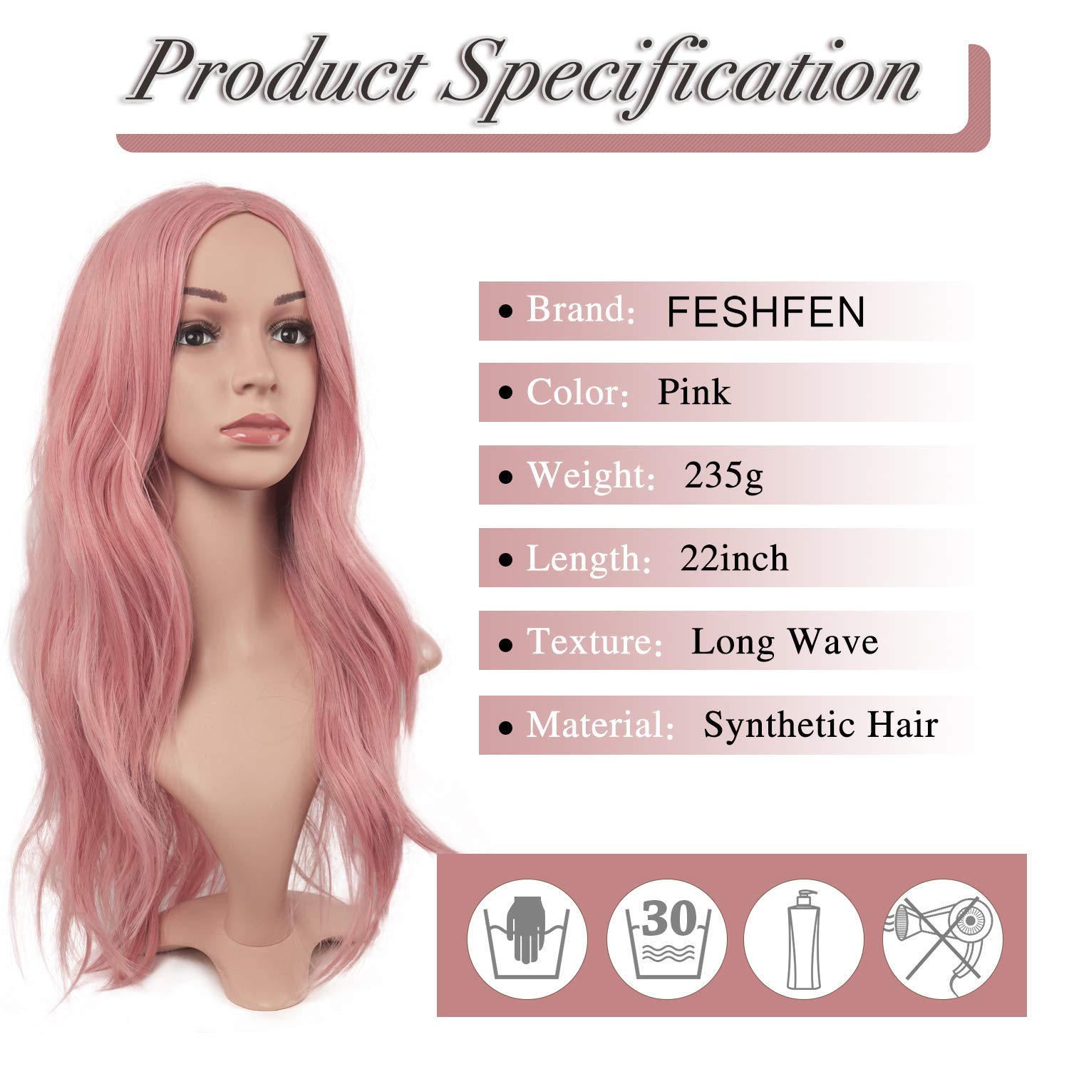 FESHFEN Parrucca Rosa Lunga Ondulé, 60 cm Parrucche Donna Lunghe Sintetici Separazione Centrale Parrucche Uso Quotidiano Festa Parrucca Long Wavy Wig