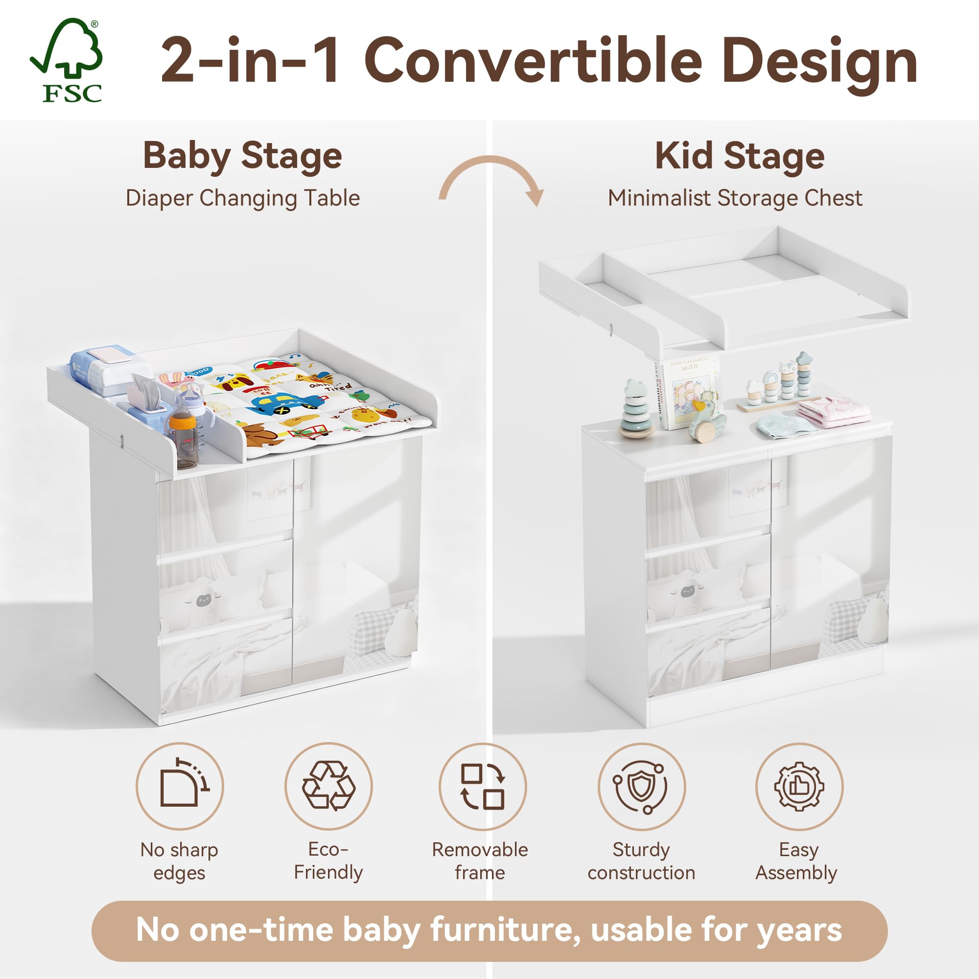 Wickelkommode mit Wickelaufsatz, Wickeltisch mit 3 Schubladen, Baby Kommode Abnehmbarem, Babyschrank 88cm Hoch Zum Schutz Der Lenden, Weiße Kinderkommode für Eltern Baby
