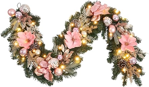 Miniatura 15 de Guirnalda preiluminada de 6 pies, guirnalda de Navidad de Poinsettia dorada roja con 25 luces LED, decoraciones iluminadas para interiores y Rojo y