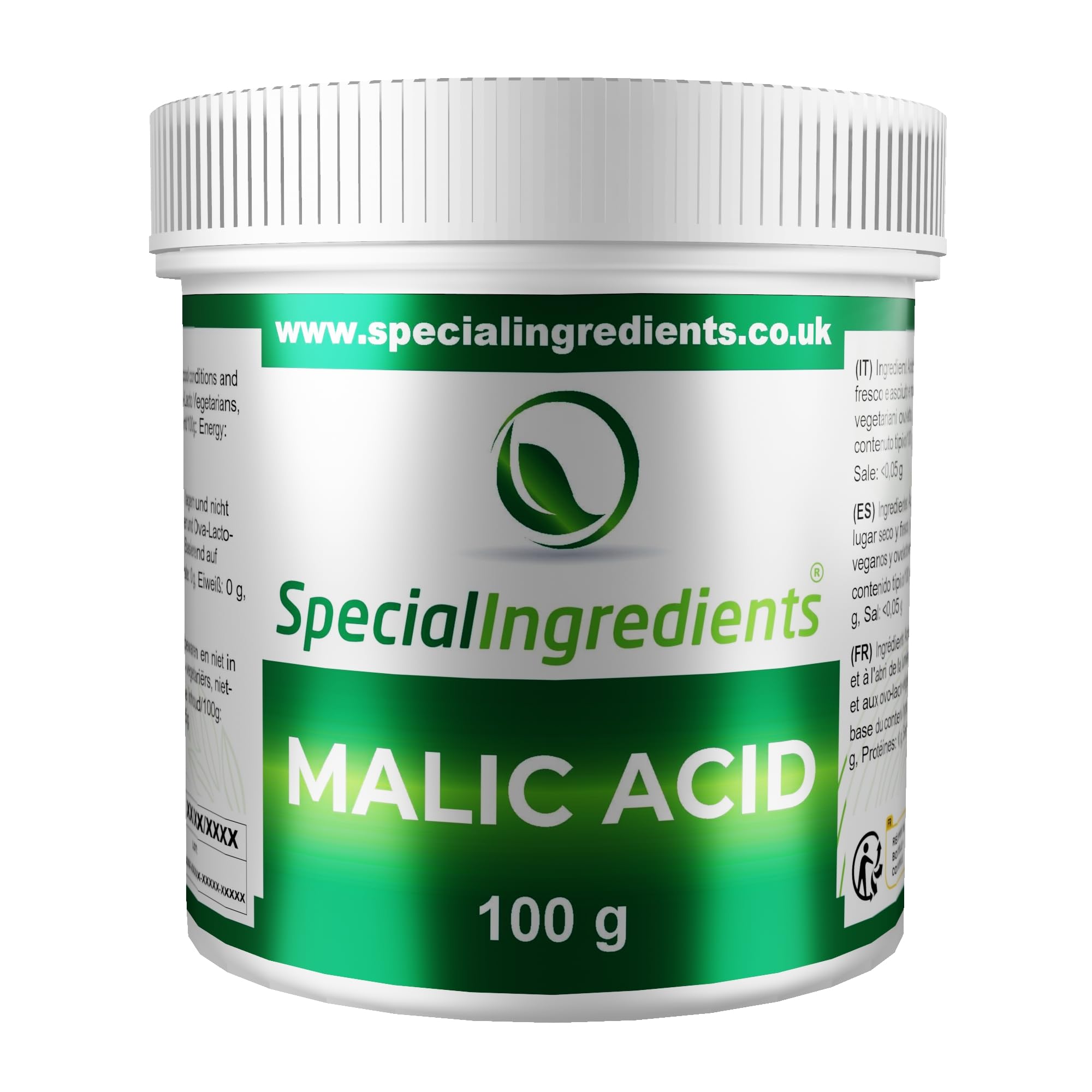 Malic Acid Powder 100g Premium Quality Natural Origin - Vegan, Non-GMO - Recyclable Container