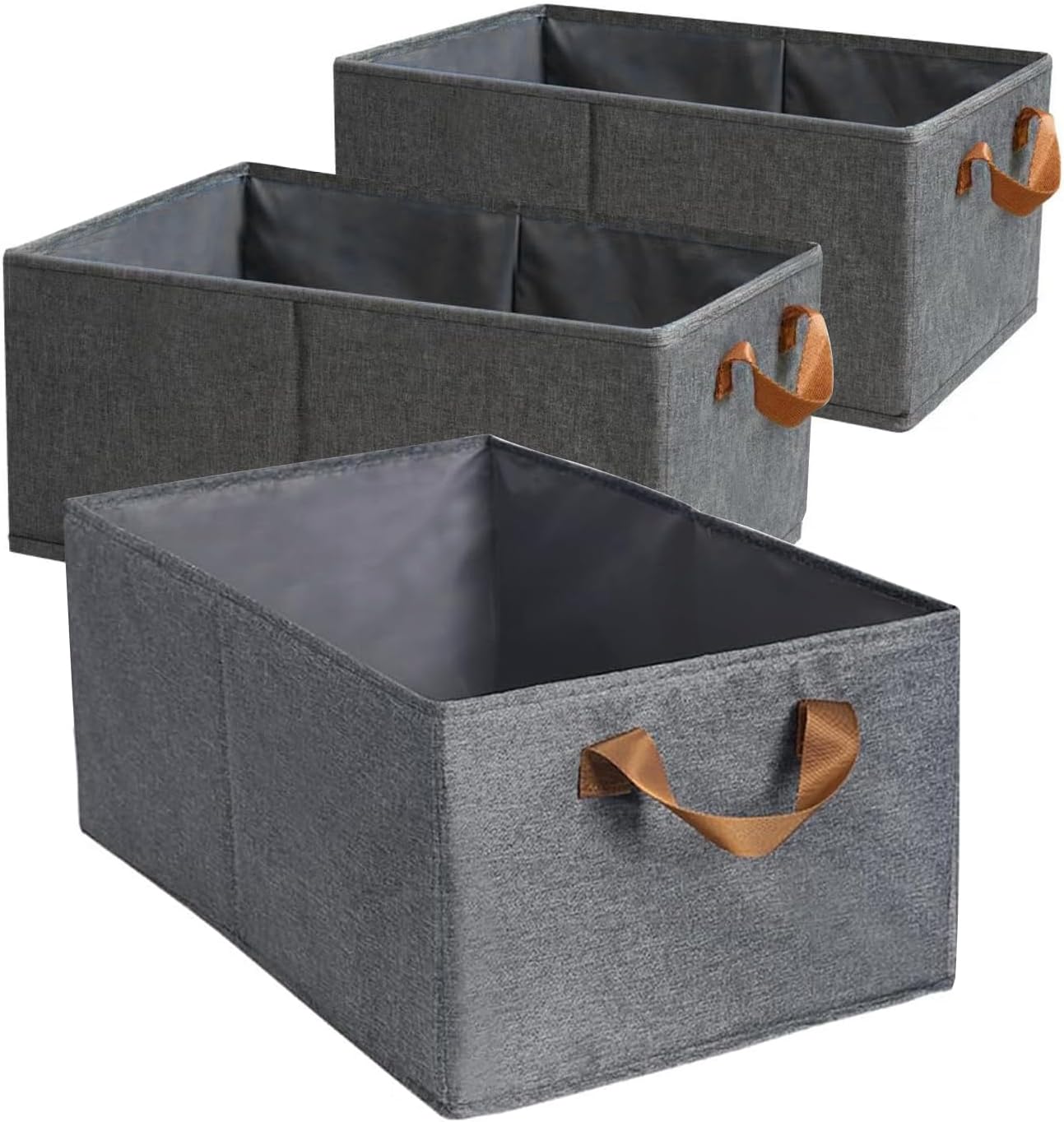 Pack of 3 Large Capacity Storage Bins Closet Organizer System Sturdy Foldable Storage Boxes for Organizing Clothing,Sheets,Toys,Shelves Basket Storage Bin With Handles TEStorage Bins-Grey