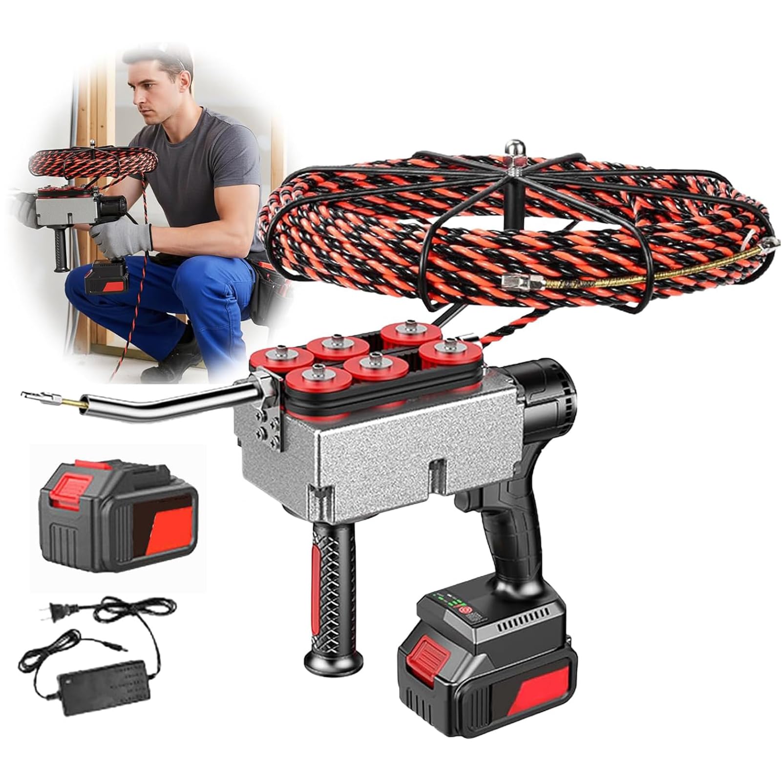 Suyaoquant Automatic Wire Stringing Machine, Electrician Wire Puller Through Wall With 15/30M Lead Wire and 1/2x25000mAh Battery, 40m/Min Speed, Auto-Stop Feature, Stepless Speed Control