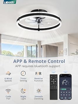 LEDIARY Ceiling Fans with Lights and Remote, 20'' Low Profile Ceiling Fan with Light, 3000-6000K Dimmable Fandelier Ceiling Fans, Modern Flush Mount Fan Light for Bedroom with 6 Wind Speeds- Black