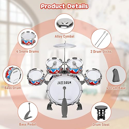 Miniatura 3 de Juego de batería para niños, kit de batería de jazz para niños pequeños, 5 tambores con taburete, pedal de percusión, instrumentos musicales,