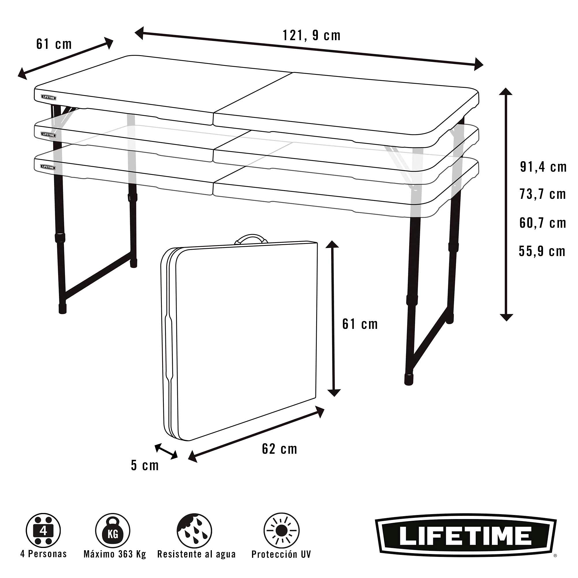 LIFETIME 4428 - Mesa plegable multiusos ultrarresistente 122x61x56 - 91,5 cm UV100