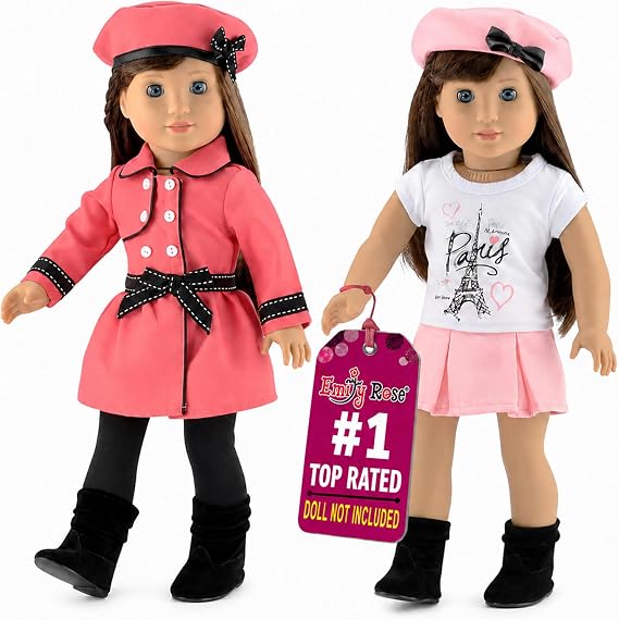 Emily Rose 18 Doll Paris Fashion Bundle - 7-Piece Chic Travel Outfit Set with Coat, Beret Hats, Graphic Tee & Ankle Boots - Gift Boxed French Style Clothes Compatible with American Girl Dolls