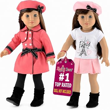 Emily Rose 18" Doll Paris Fashion Bundle - 7-Piece Chic Travel Outfit Set with Coat, Beret Hats, Graphic Tee & Ankle Boots - Gift Boxed French Style Clothes Compatible with American Girl Dolls