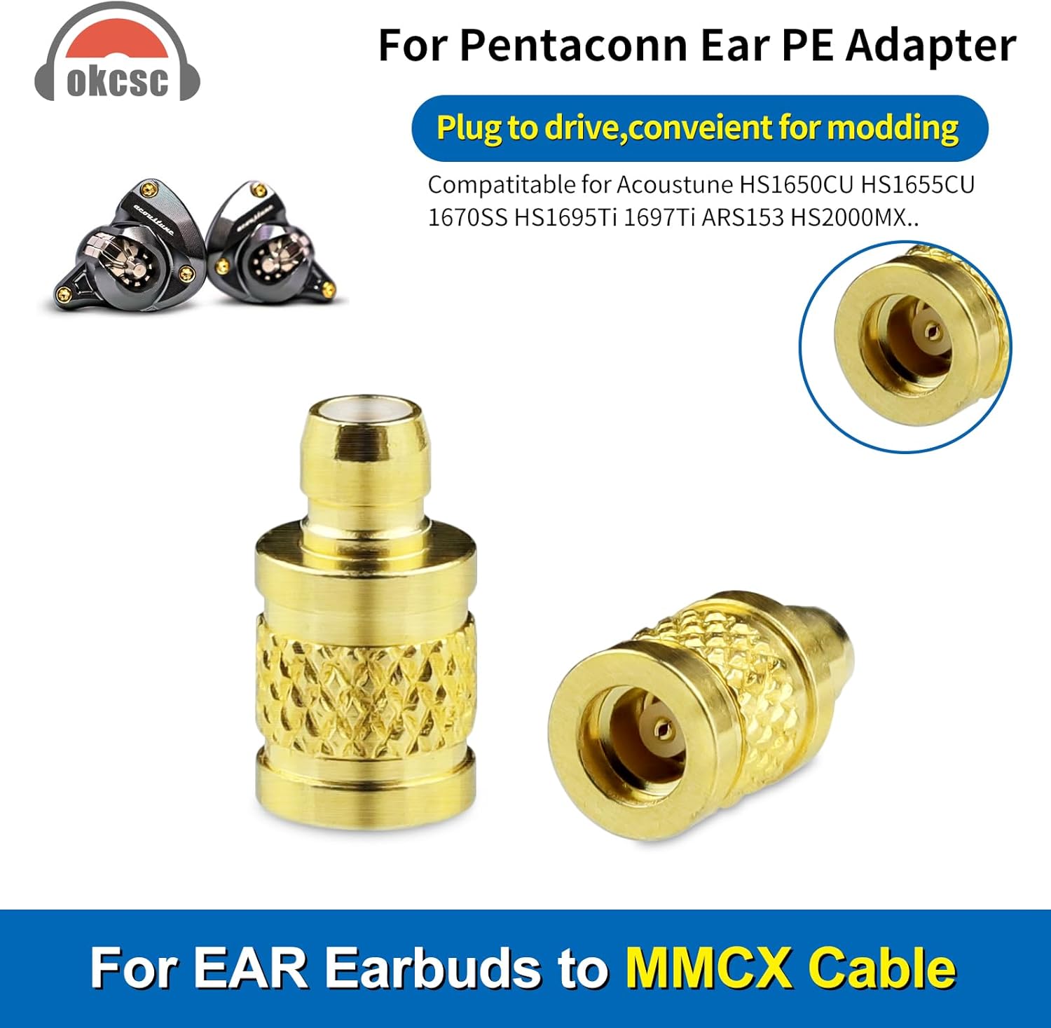 okcsc Ear Male to MMCX Female Headphone Adapter Pentaconn Ear PE Headset Integrated Injection molding Work for ACOUSTUNE HS1650CU HS1655CU 1670SS HS1695Ti 1697Ti ARS153 HS2000MX Gold