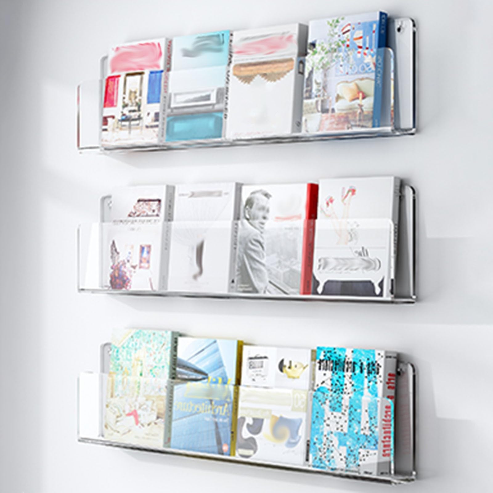 Fhslkxim 3 Pack Clear Clear Acrylic Wall-Mounted Magazine Holder - Stylish Literature Display Stand For Home Office, Versatile Brochure Rack For Books, Comics, Catalogs & Records - Space-Savin,,W 100Cm/39.4In