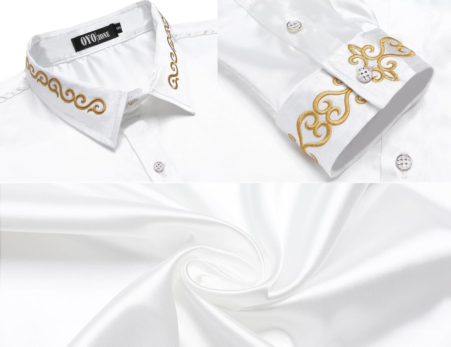 Men's Luxury Satin Dress Shirt Shiny Embroidery Silk Long Sleeve Button Up Shirts Prom Wedding Party Shirt - Image 5