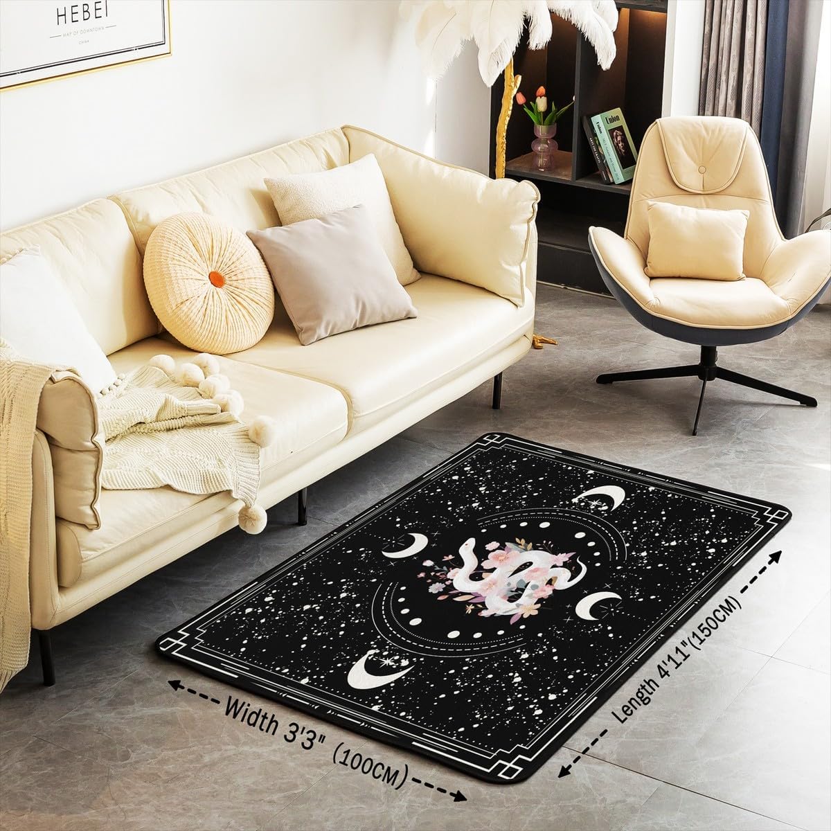 Erosebridal White Snake Area Rug 4'11" x 3'3" Moon Living Room Rugs Planet Stars Galaxy Flowers Pattern Decorative Carpet Spot Cute Animal Floral Sun Indoor Floor Mat