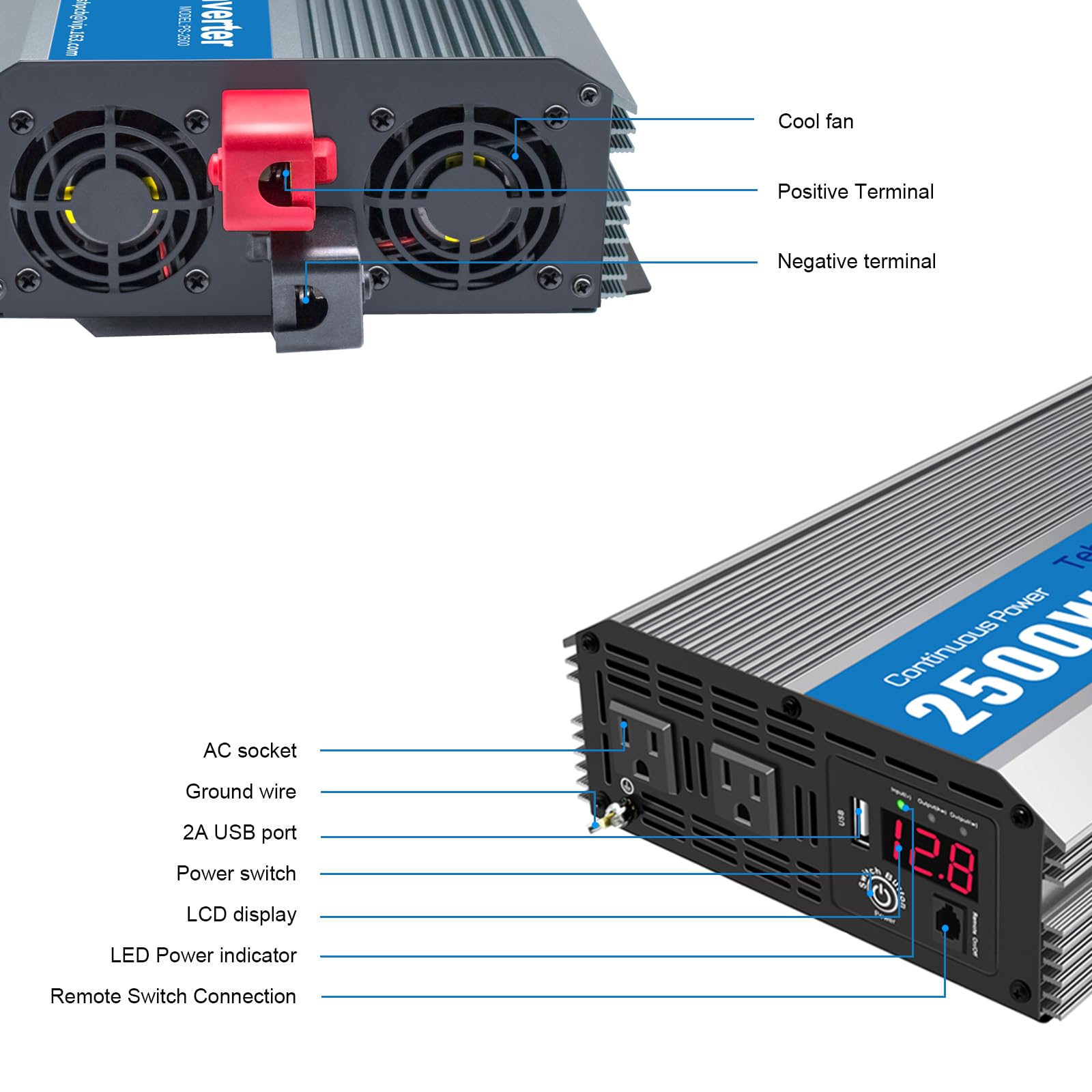 2500 W Czysta sinusoida Przetwornica mocy, DC 12 V do AC 110 V RV falownik samochodowy (2500W-P)