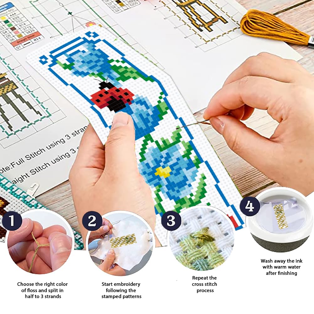 ORIGACH 6 Pcs Cross Stitch Bookmark Kit for Beginner Adults Flowers and Butterflies Stamped Embroidery Bookmark Kit with Instruction for Starters Printed Cross Stitch DIY Kits for Book Lovers - Image 4
