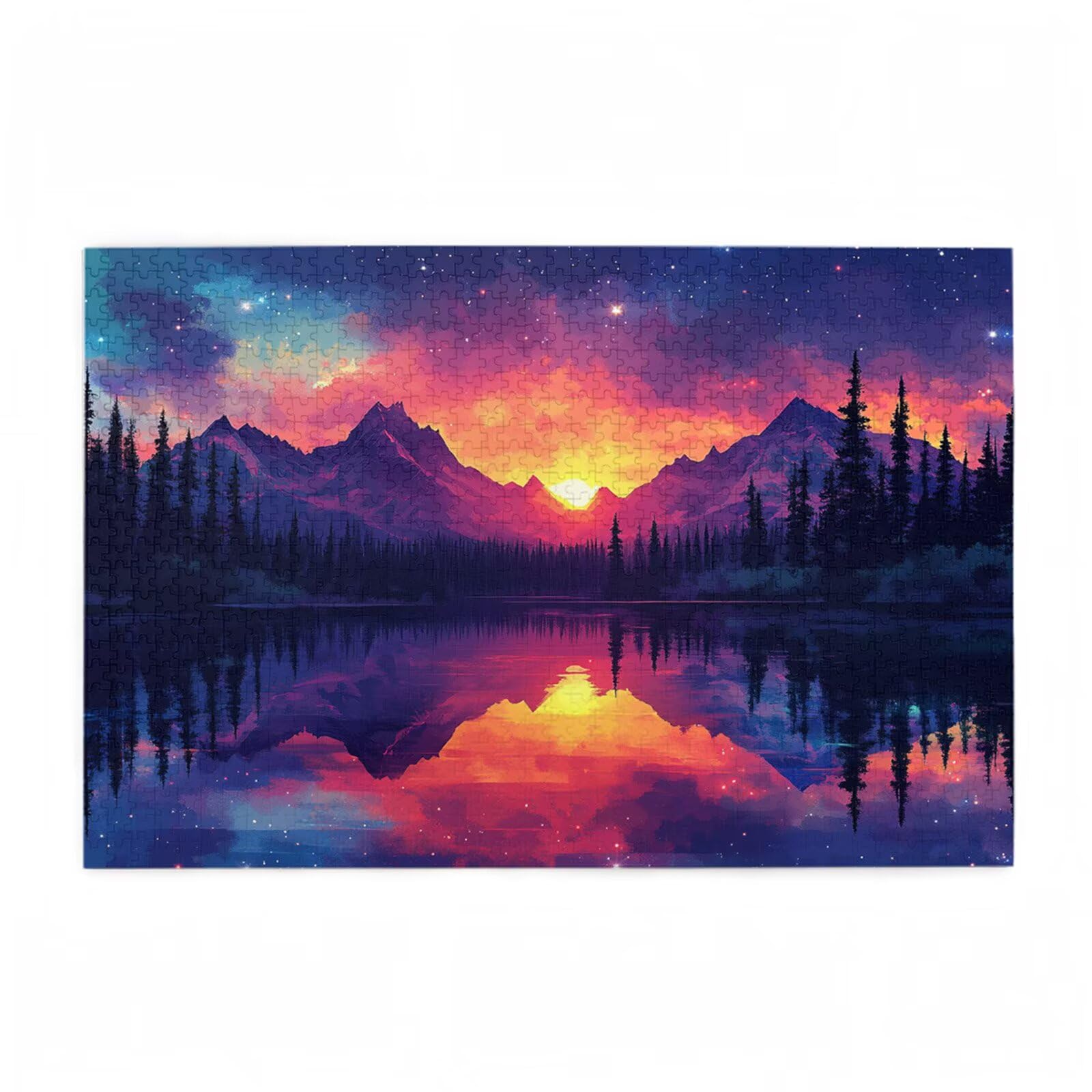 5000 sztuk puzzli dla dorosłych, kreatywne niemożliwe puzzle dla dorosłych początkujących, duża drewniana układanka z plakatem i pudełkiem do przechowywania, wystrój domu, motyw: zachód słońca i góry