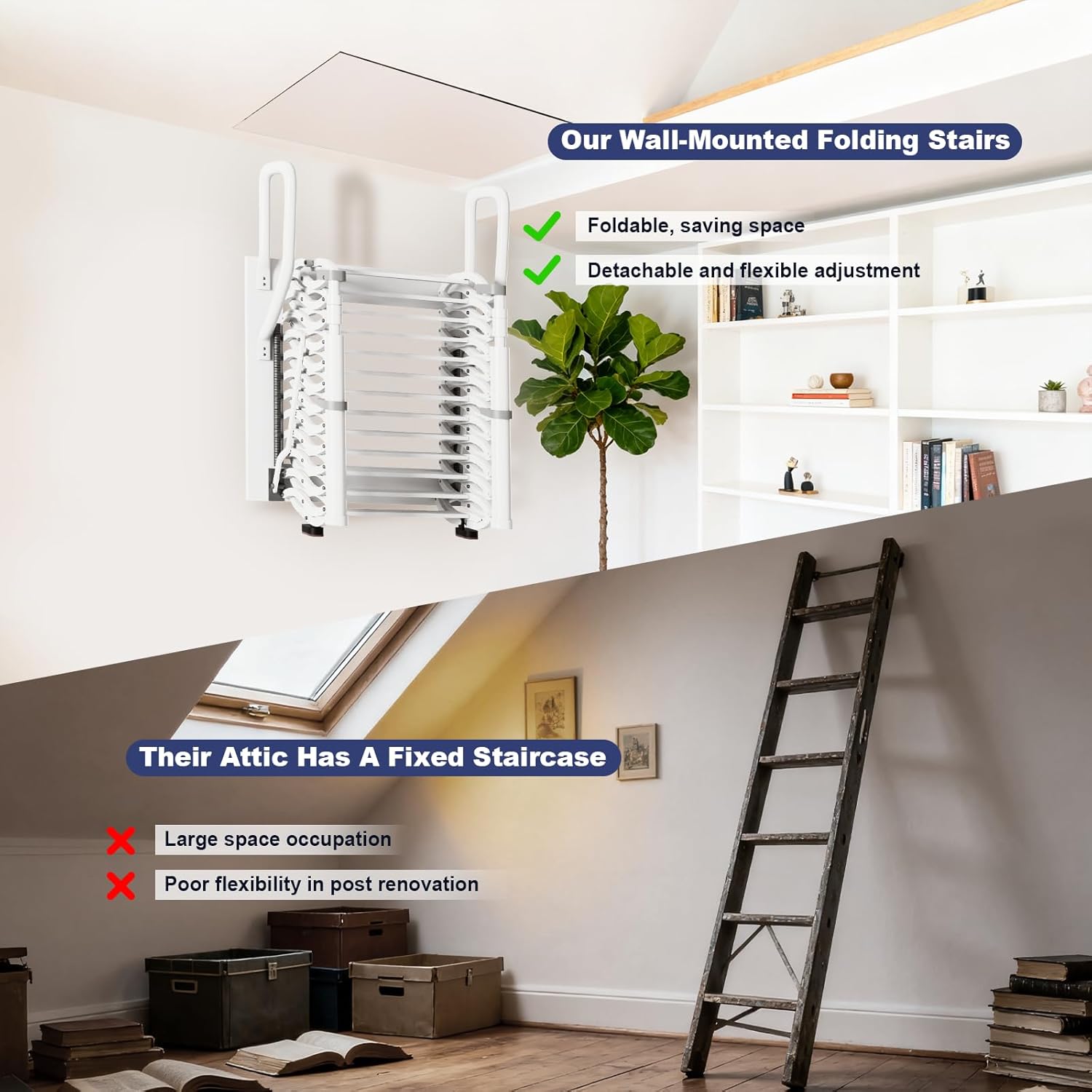 Wall-Mounted Folding Pull Down Attic Stairs, Retractable Loft Ladder with Handrails, 12 Pedal Steps Indoor Outdoor Attic Ladder, Foldable Space-Saving, Load Capacity 661lbs