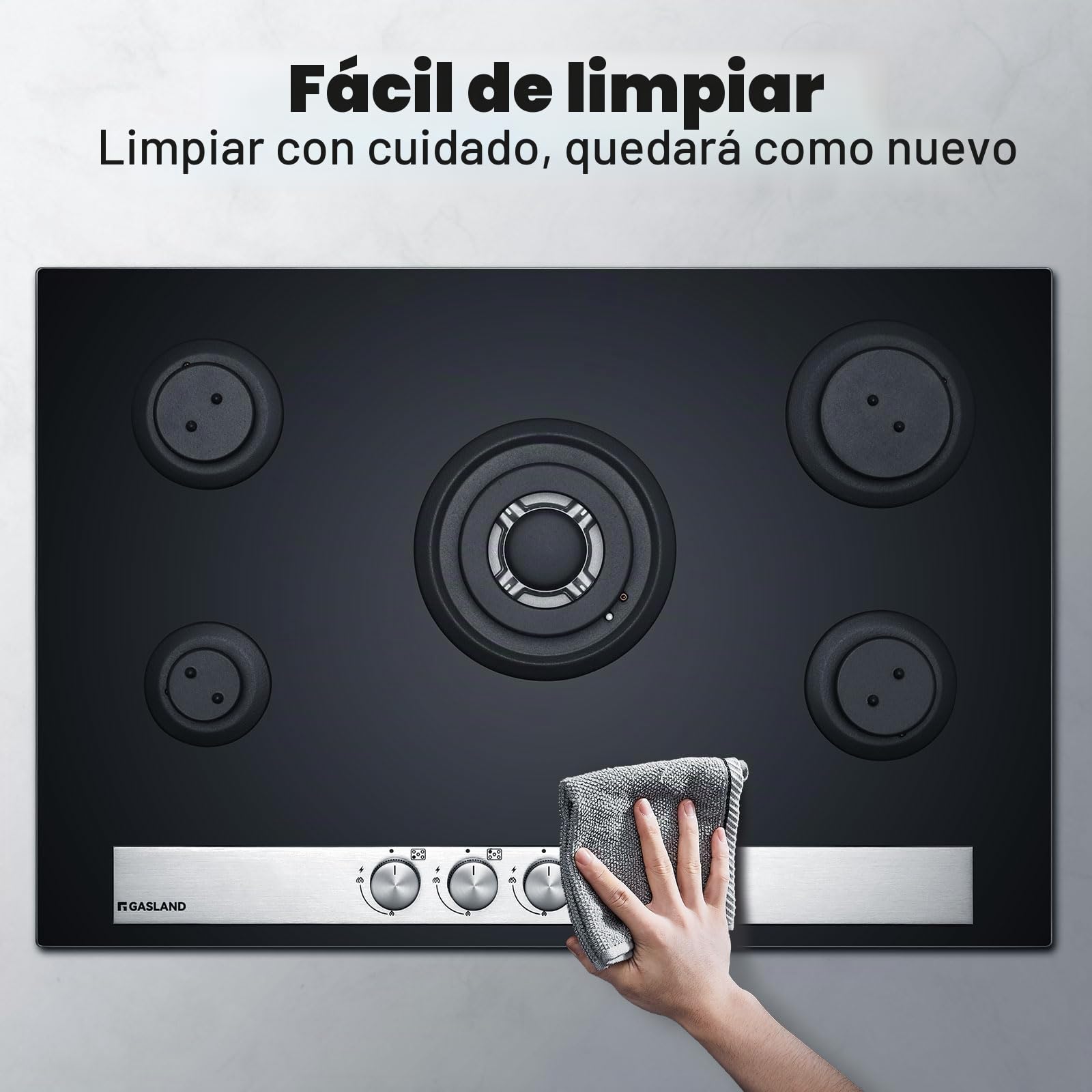 GASLAND GH6805BG1FC Cocina de Gas Butano, Encimera de Cristal Con 5 Fogones y Quemador Wok, Placa Empotrable Negra de 76 cm, 10,4 KW