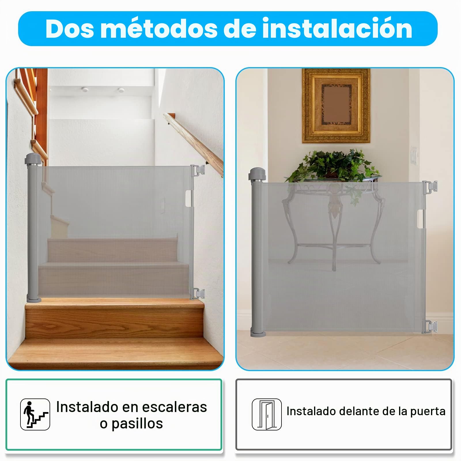 UISEBRT Retráctil Puertas de Seguridad para niños 0-150 cm, Barrera Seguridad Niños Escalera, Puerta Seguridad Bebé Extensibles Barrera para niños y Perros para Uso Interior y Exterior, Gris
