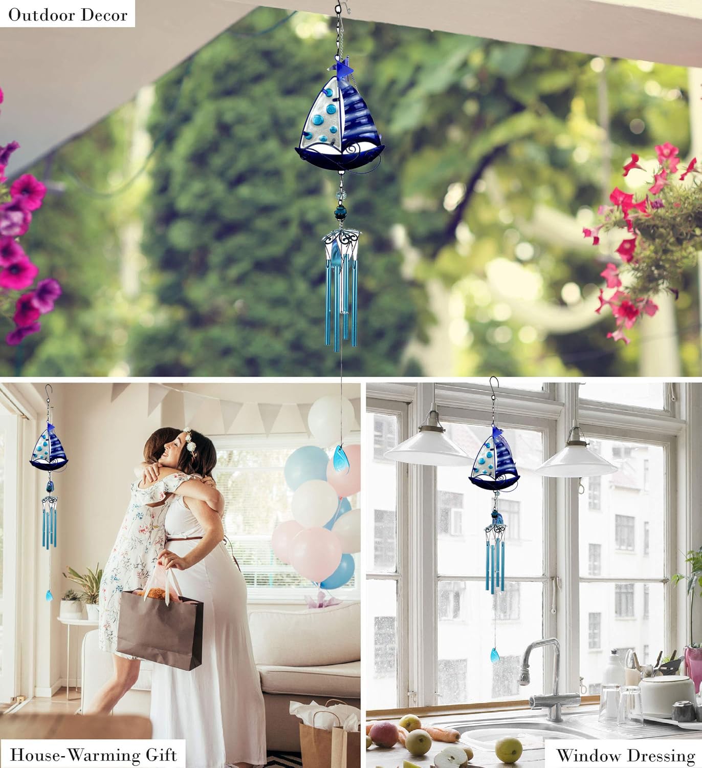 Campanello a vento blu da appendere per patio, decorazione da giardino in vetro, veranda, balcone, decorazione creativa da appendere (45 cm x 11,5 cm x 3,5 cm) a vela