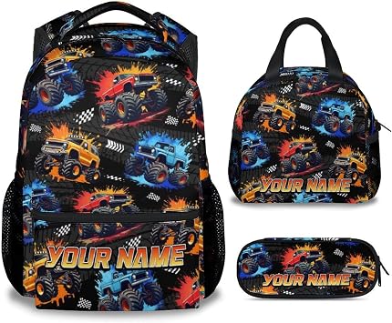 Toddler Backpack Set - Personalized Truck Backpacks with Name for Boys - 3-Piece Kids School Bag with Lunch Box and Pencil Case - Custom Bookbag Gifts for Kindergarten Preschool Elementary